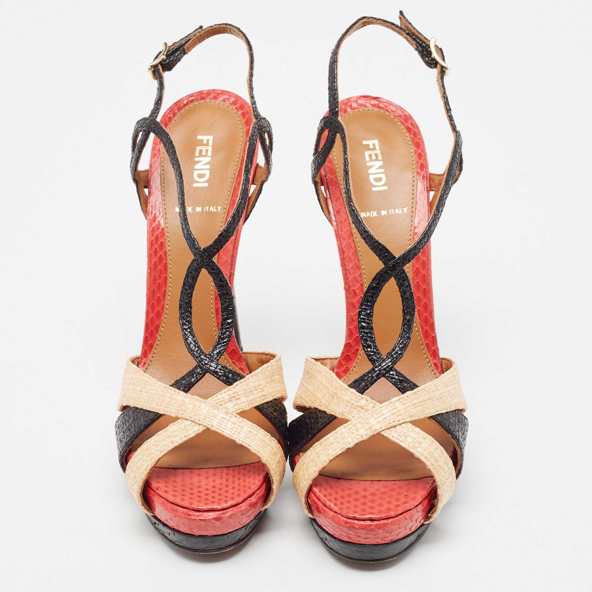 Fendi Tri Color Raffia And Snakeskin Strappy Slingback Platform Sandals Size 38