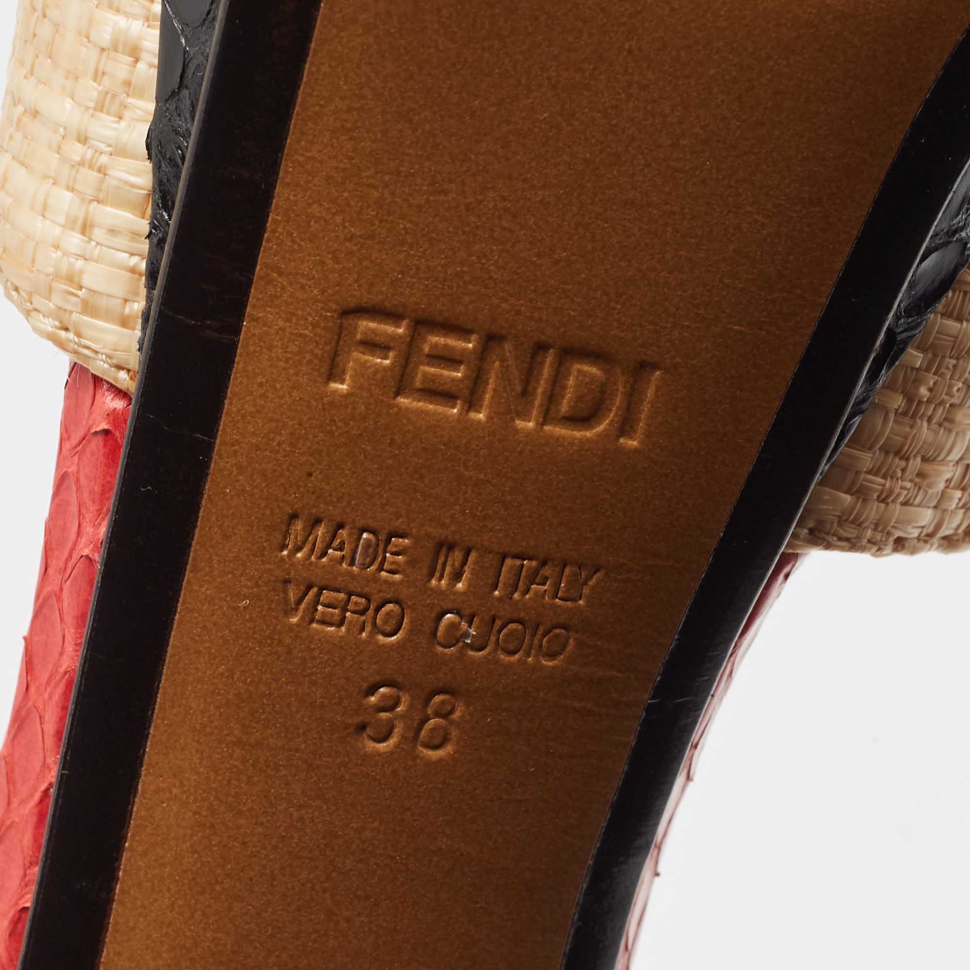 Fendi Tri Color Raffia And Snakeskin Strappy Slingback Platform Sandals Size 38