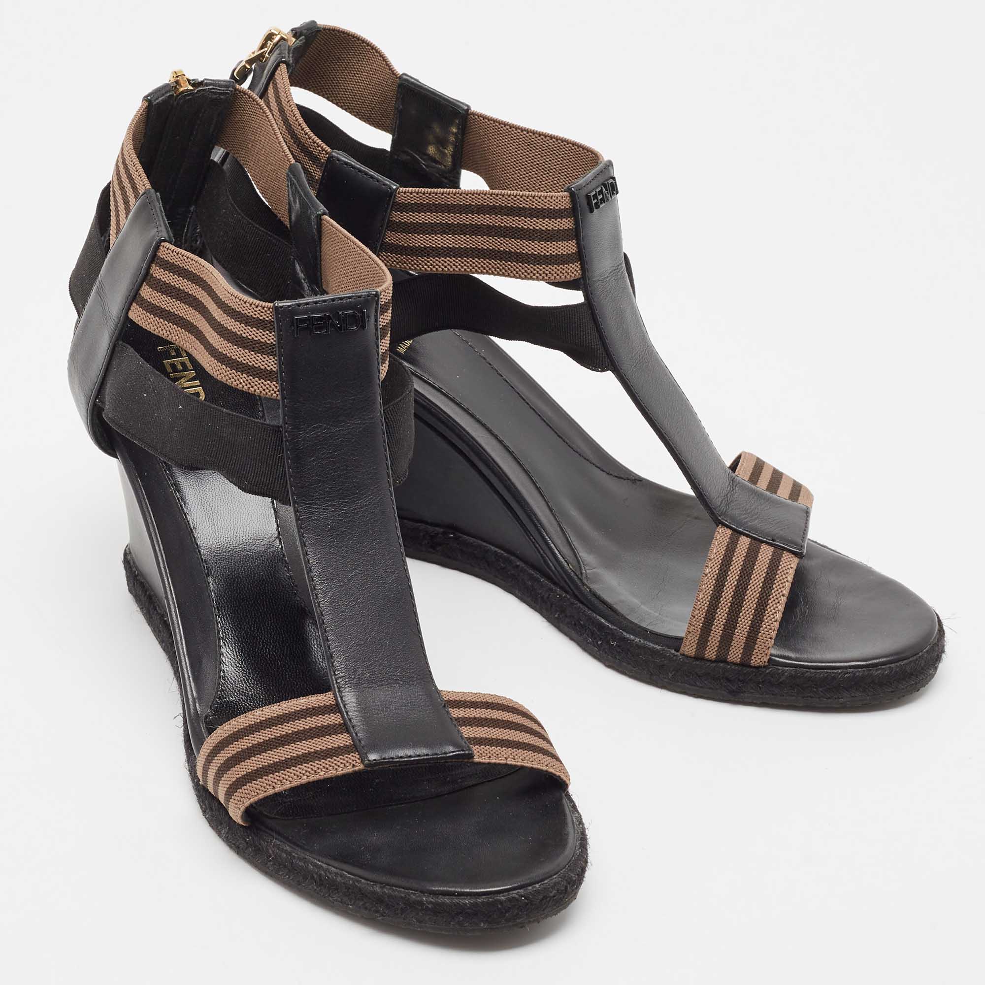 Fendi Black/Brown Leather And Elastic Fabric T-Strap Espadrille Wedge Sandals Size 38