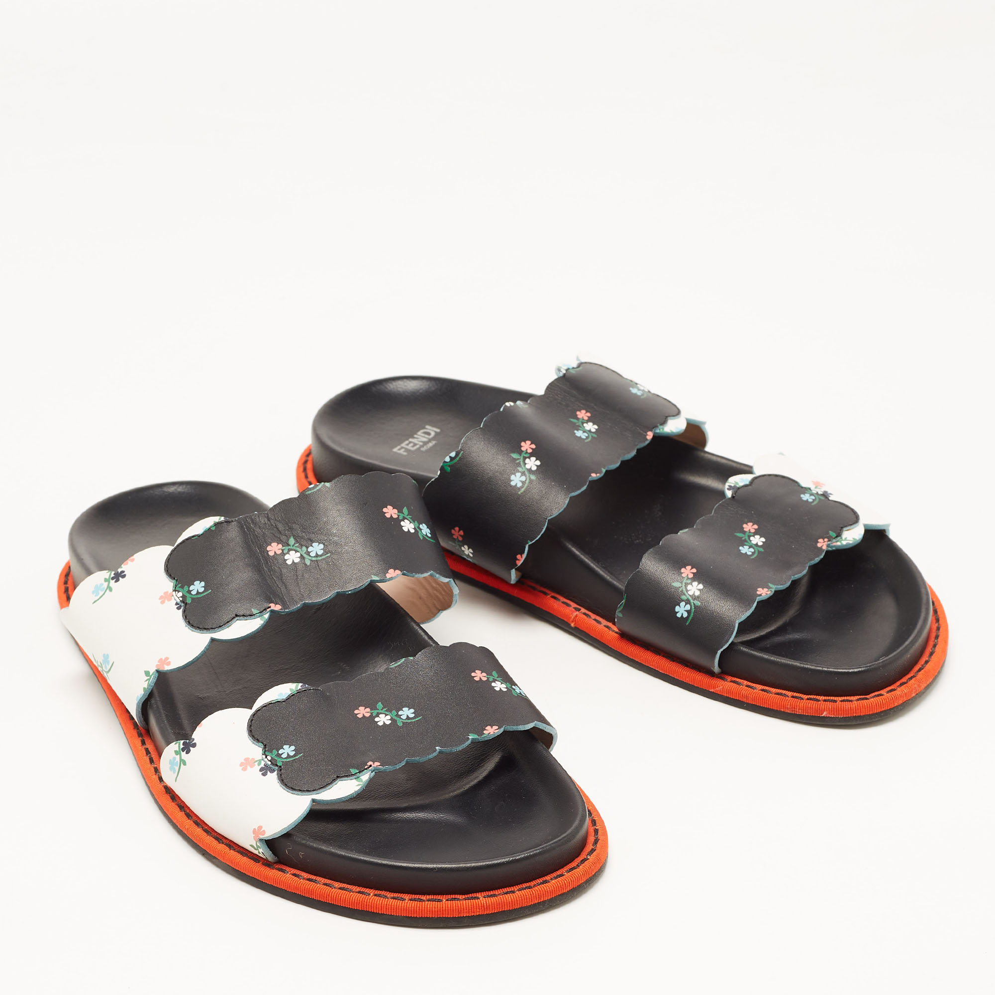 Fendi Multicolor Floral Print Leather Strap Slide Sandals Size 38