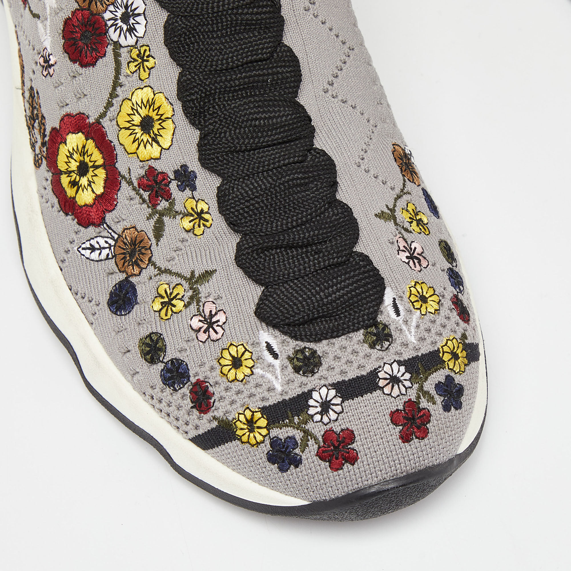 Fendi Grey Floral Embroidered Knit Fabric Slip On Sneakers Size 36