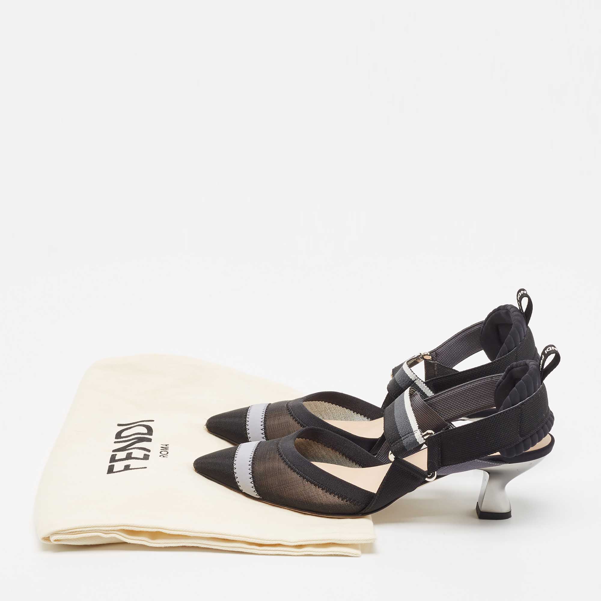 Fendi Black/White Mesh And Canvas Colibri Slingback Pumps Size 36.5