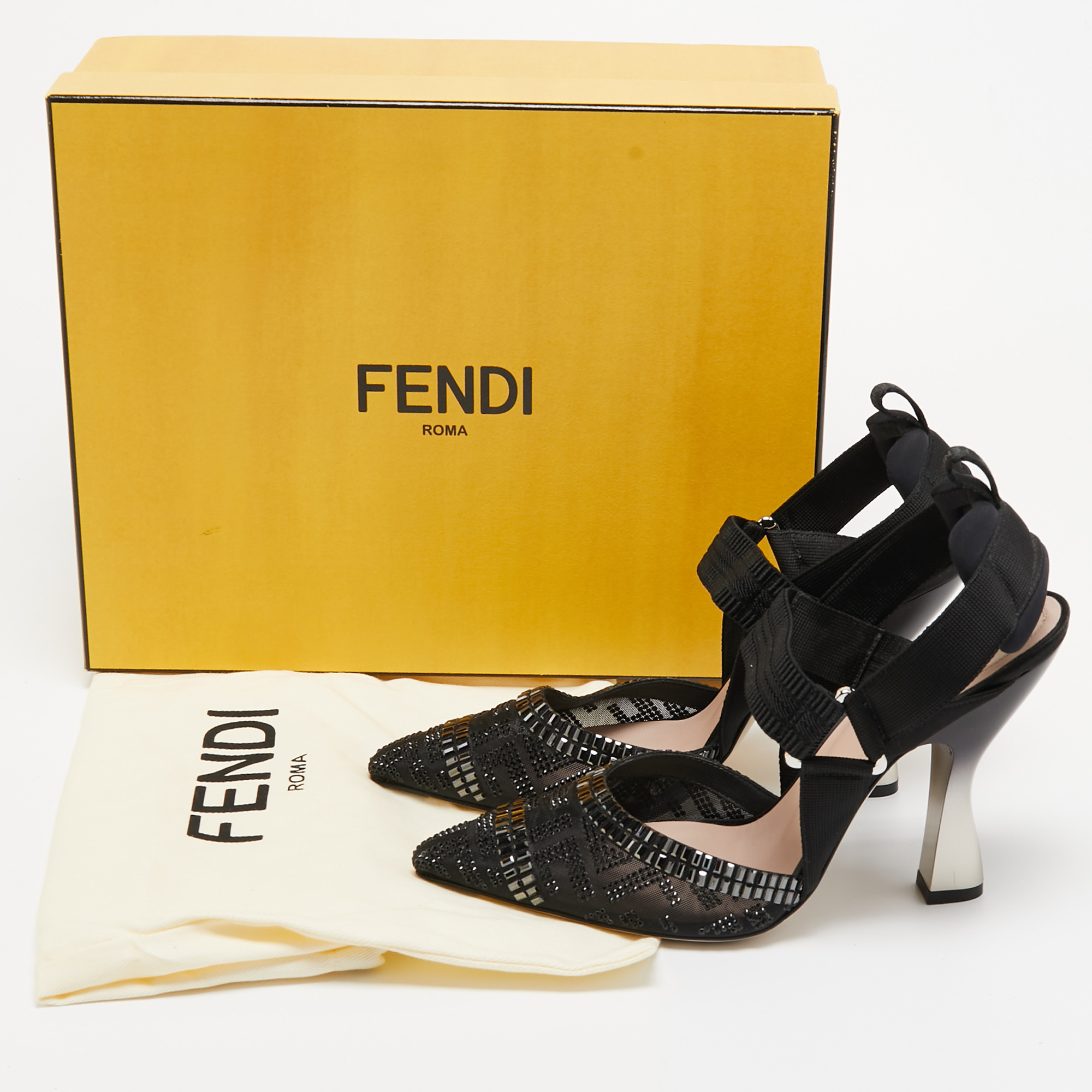 Fendi Black Embellished Mesh And Nylon Colibri Slingback Sandals Size 38