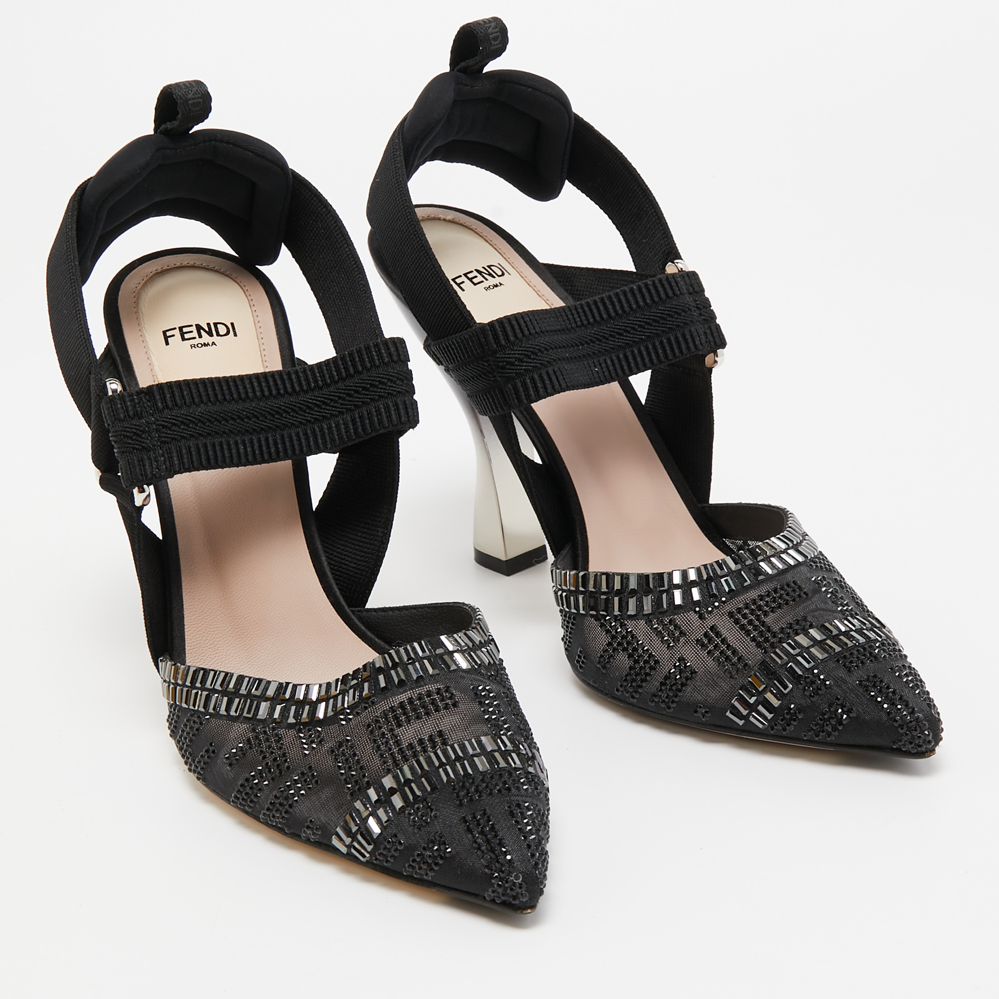 Fendi Black Embellished Mesh And Nylon Colibri Slingback Sandals Size 38