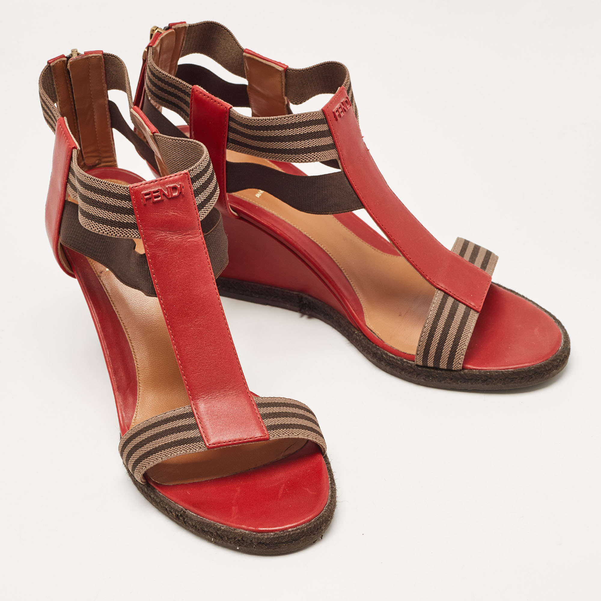 Fendi Red/Brown Leather And Elastic T-Strap Espadrille Wedge Sandals Size 39