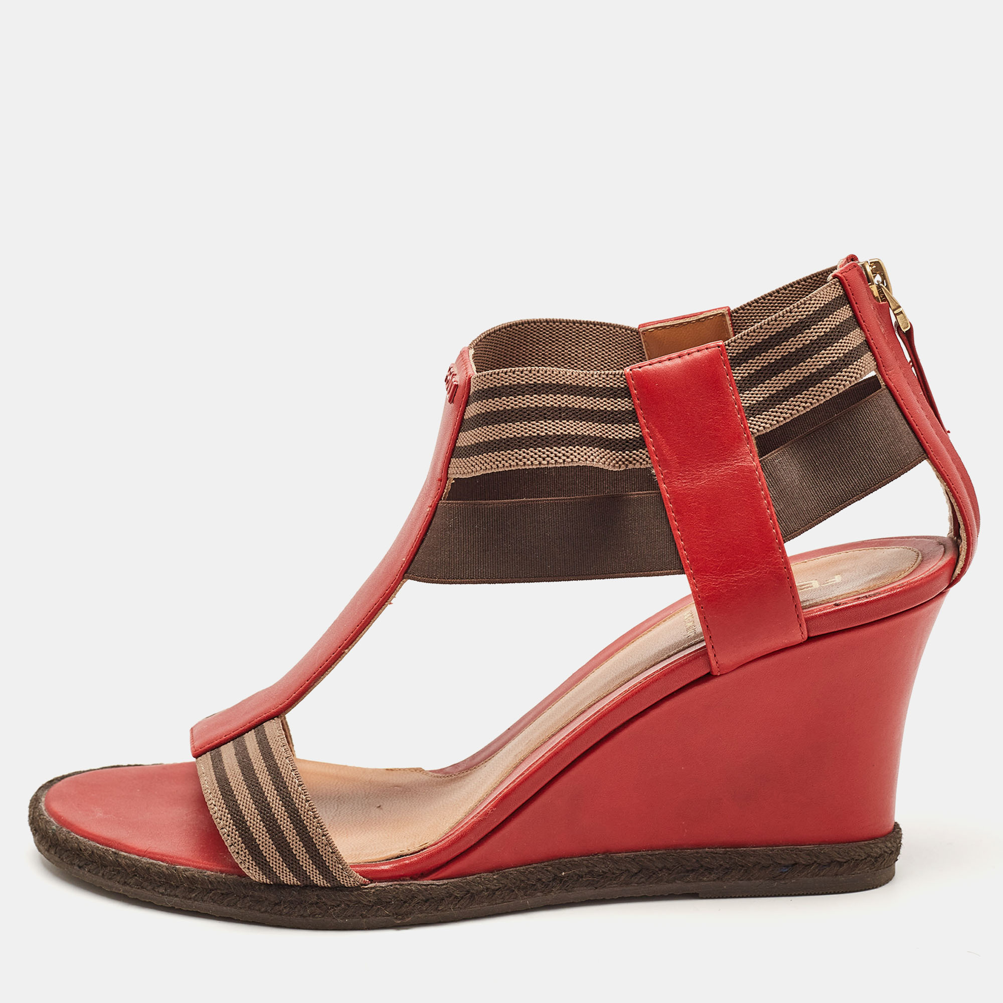 Fendi red/brown leather and elastic t-strap espadrille wedge sandals size 39