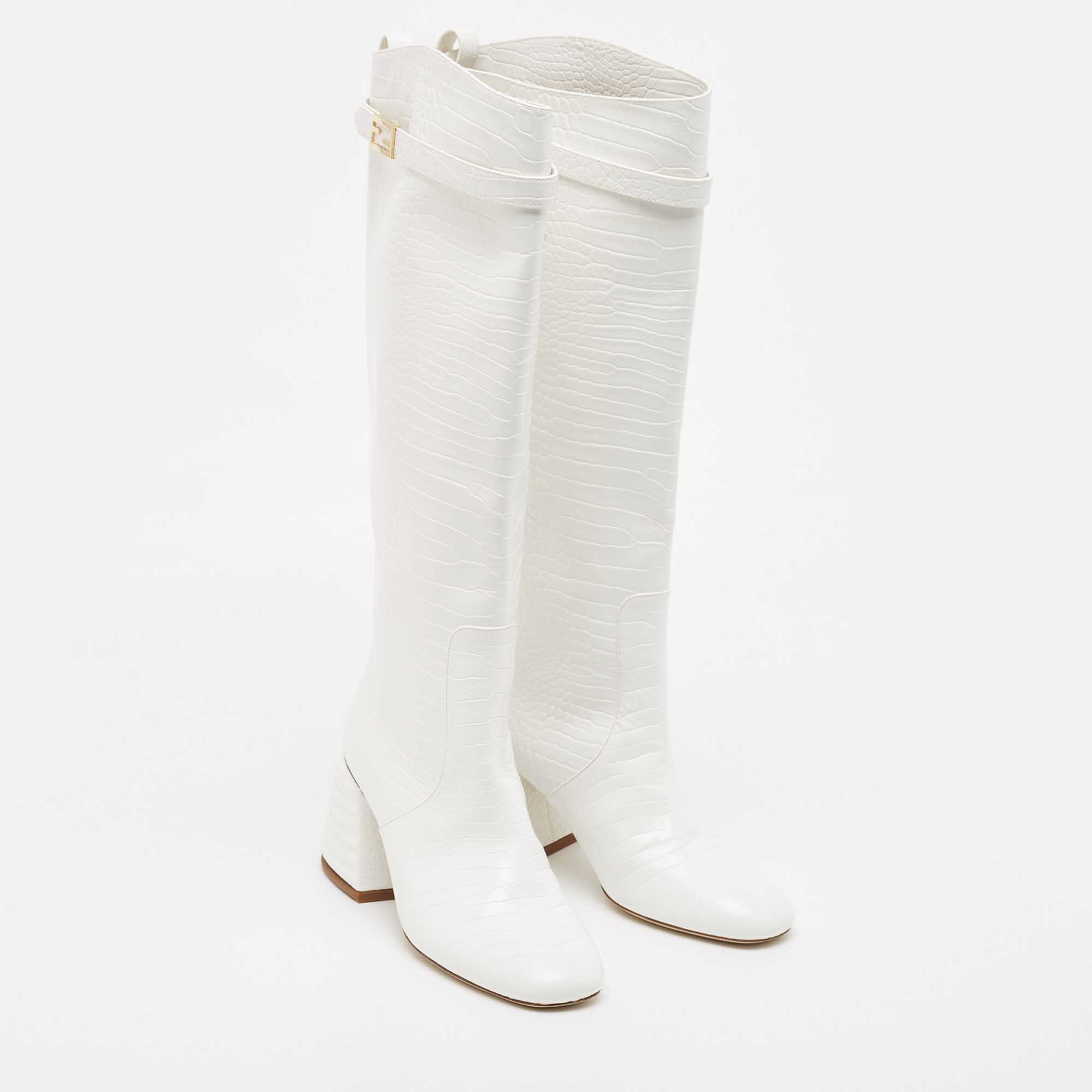Fendi White Croc Embossed Leather Promenade Knee Length Boots Size 38