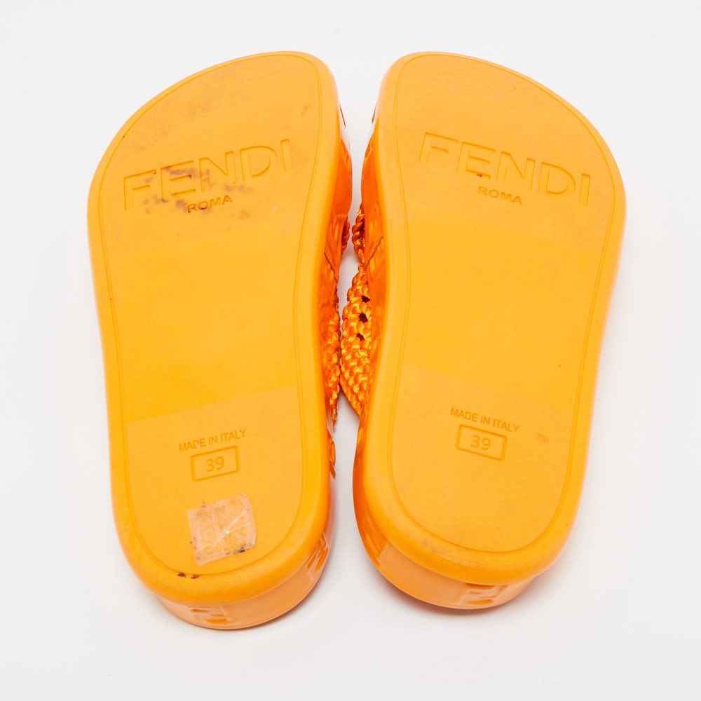 Fendi Orange Woven Fabric FF Reflection Slides Size 39