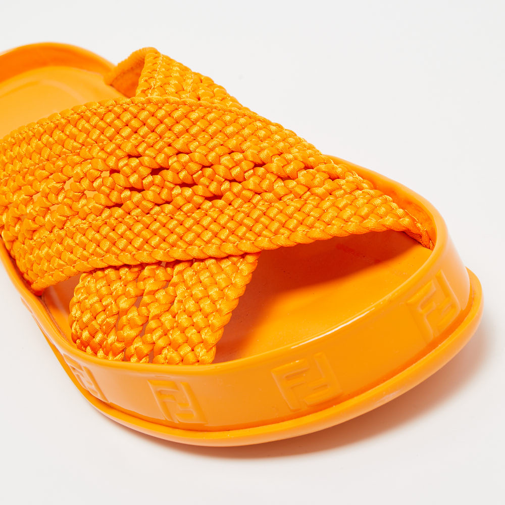 Fendi Orange Woven Fabric FF Reflection Slides Size 39