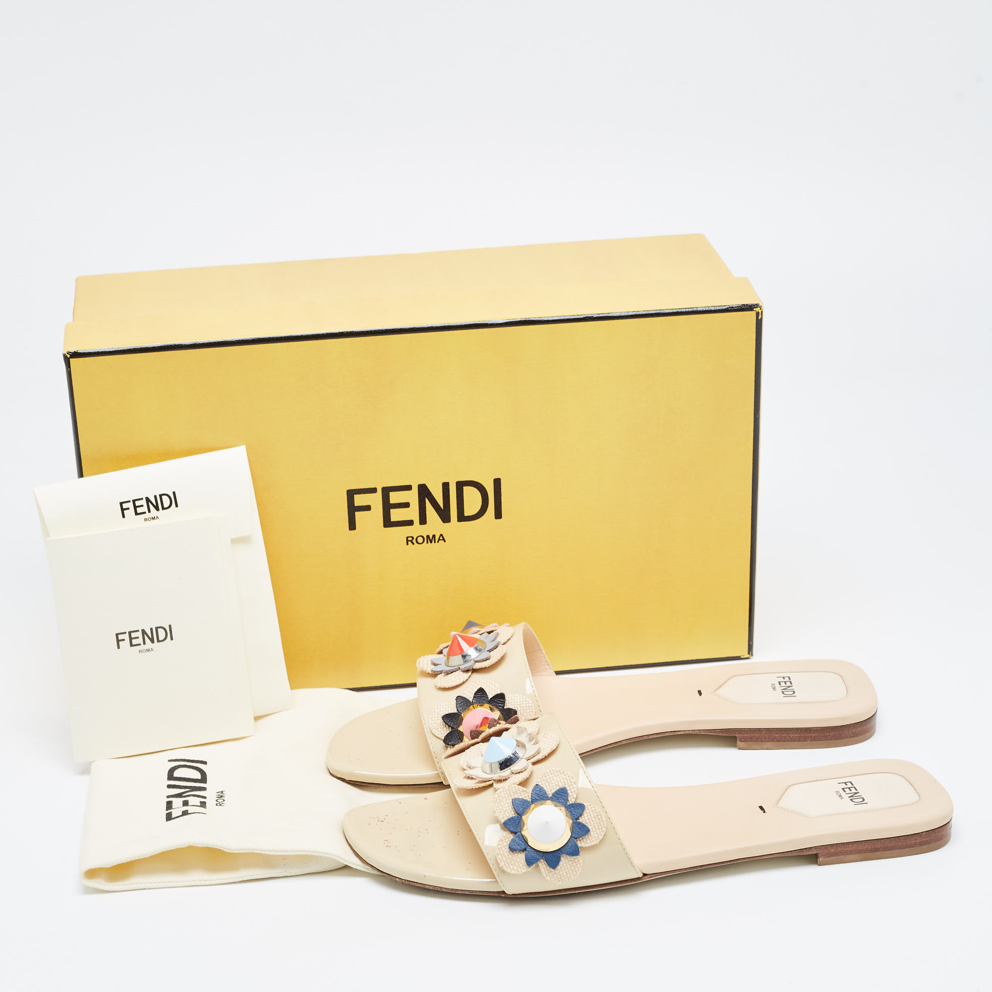 Fendi Beige Patent Leather Flower Embellished Flat Slides Size 38