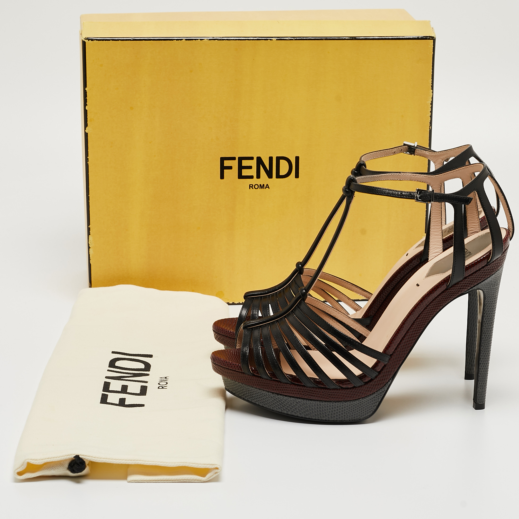 Fendi Tricolor Lizard Embossed Leather Strappy T Bar Sandals Size 40