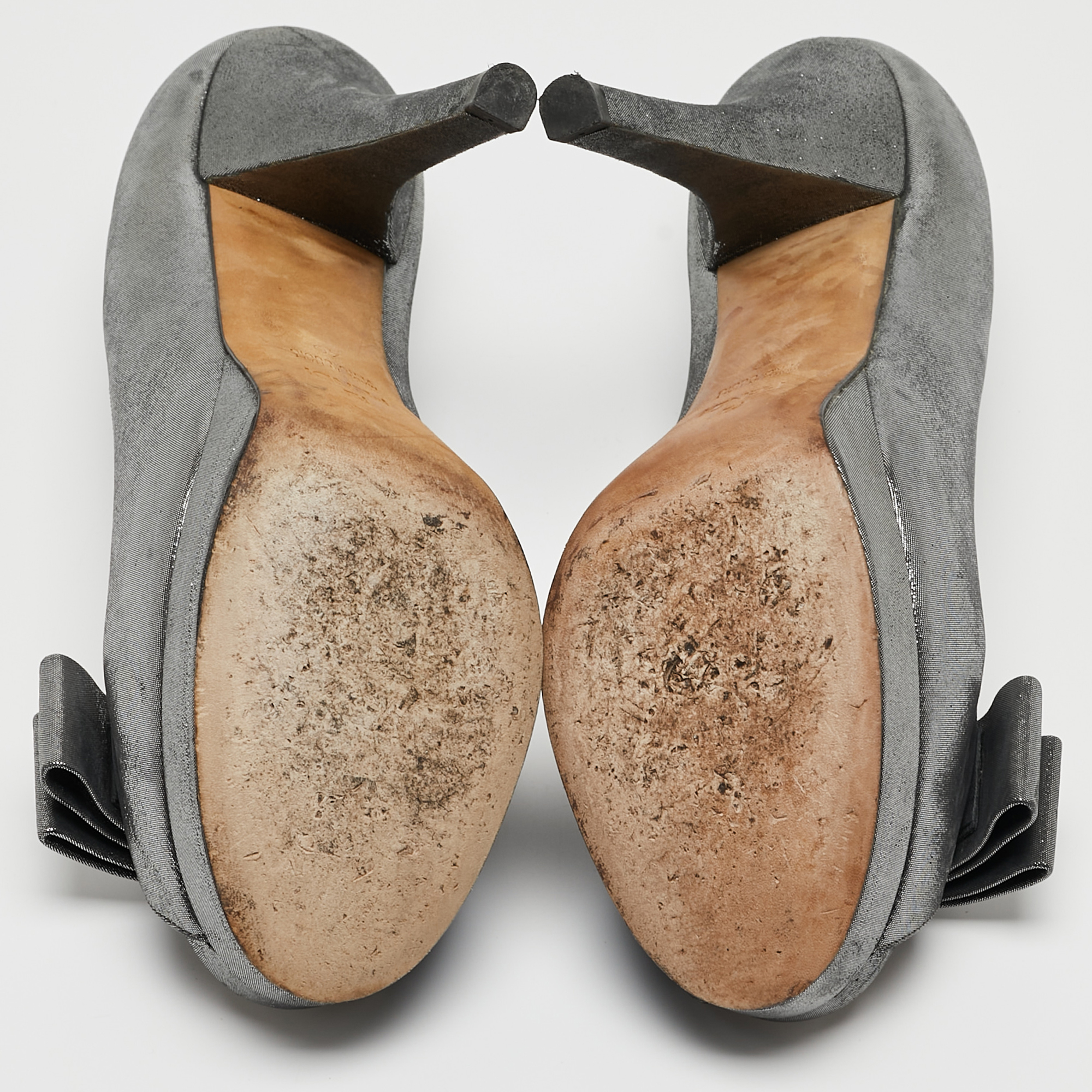 Fendi Grey Leather Bow Peep Toe Platform Pumps Size 40