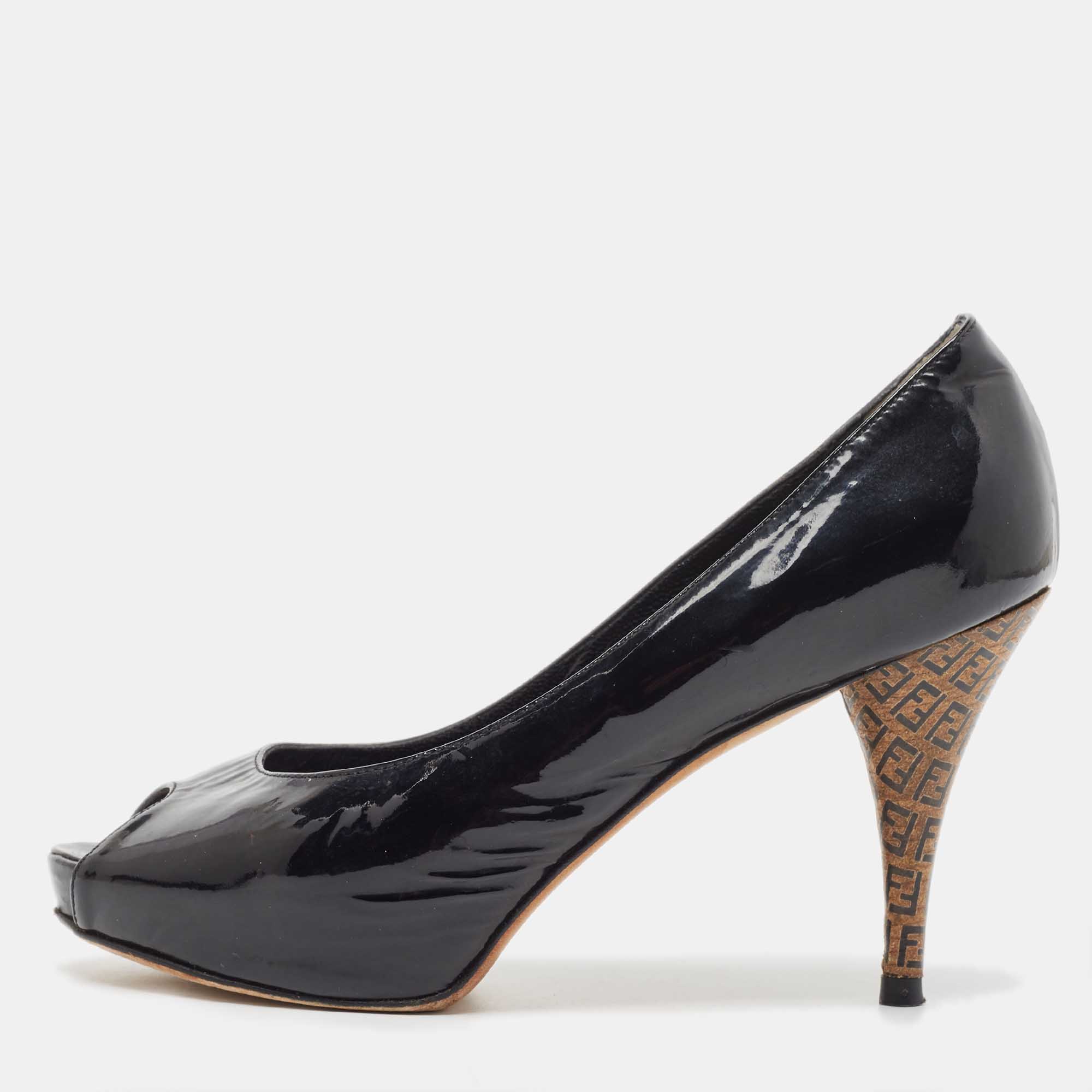 Fendi Black Patent Leather Zucca Print Heel Peep-Toe Pumps Size 36.5