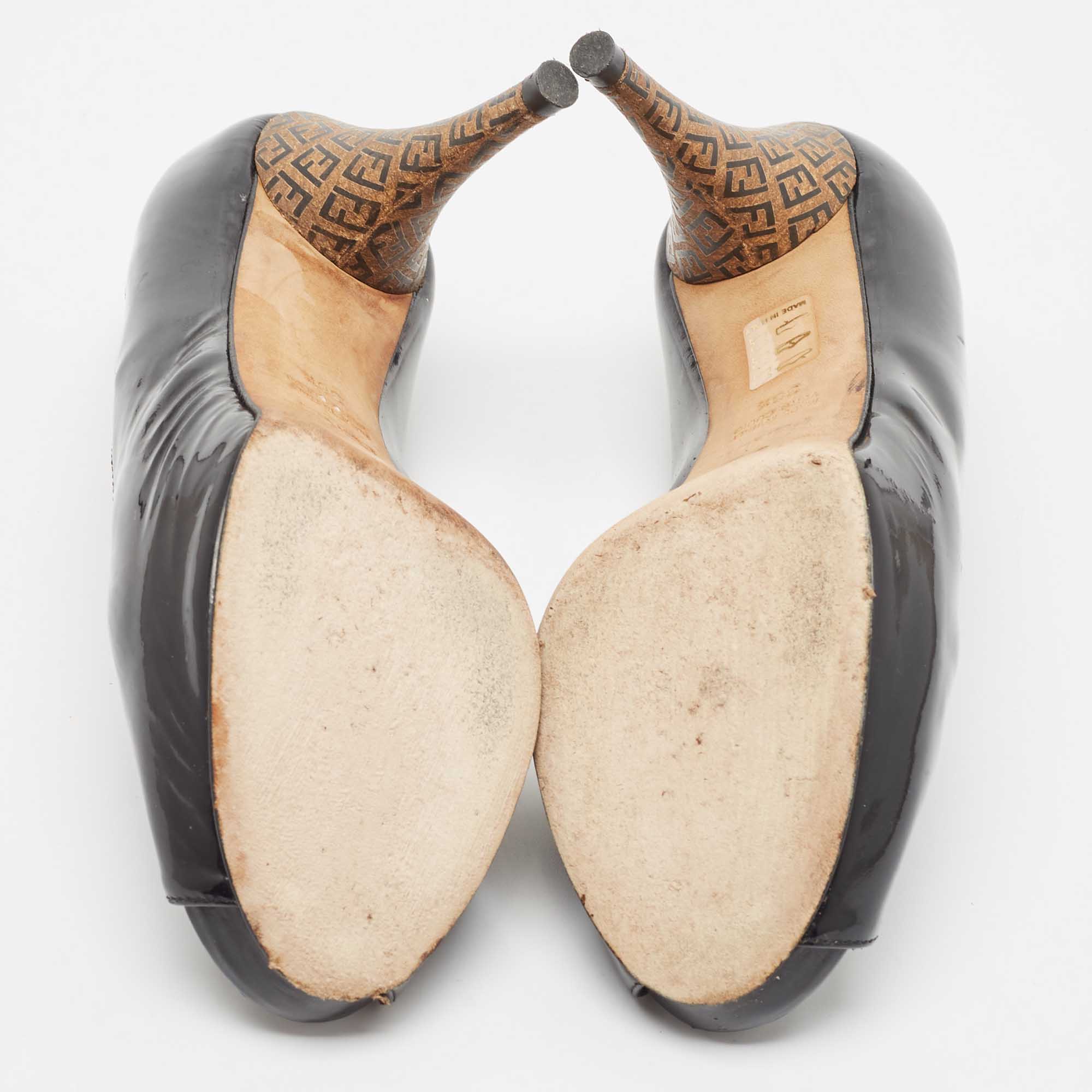 Fendi Black Patent Leather Zucca Print Heel Peep-Toe Pumps Size 36.5