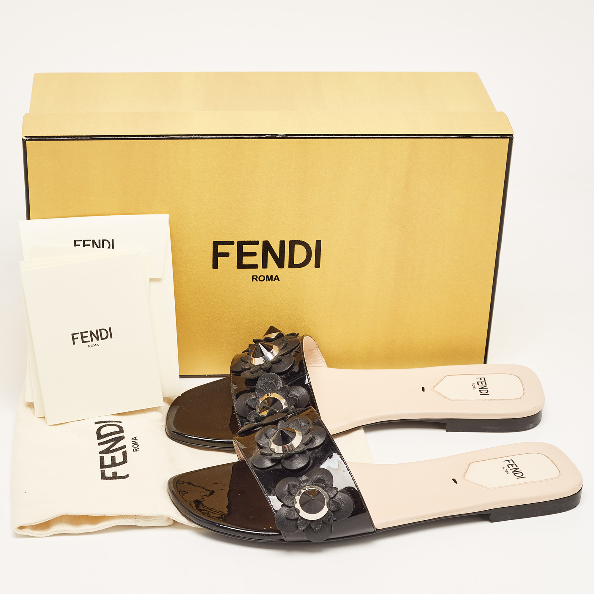 Fendi Black Patent Leather Flower Stud Flat Slides Size 38