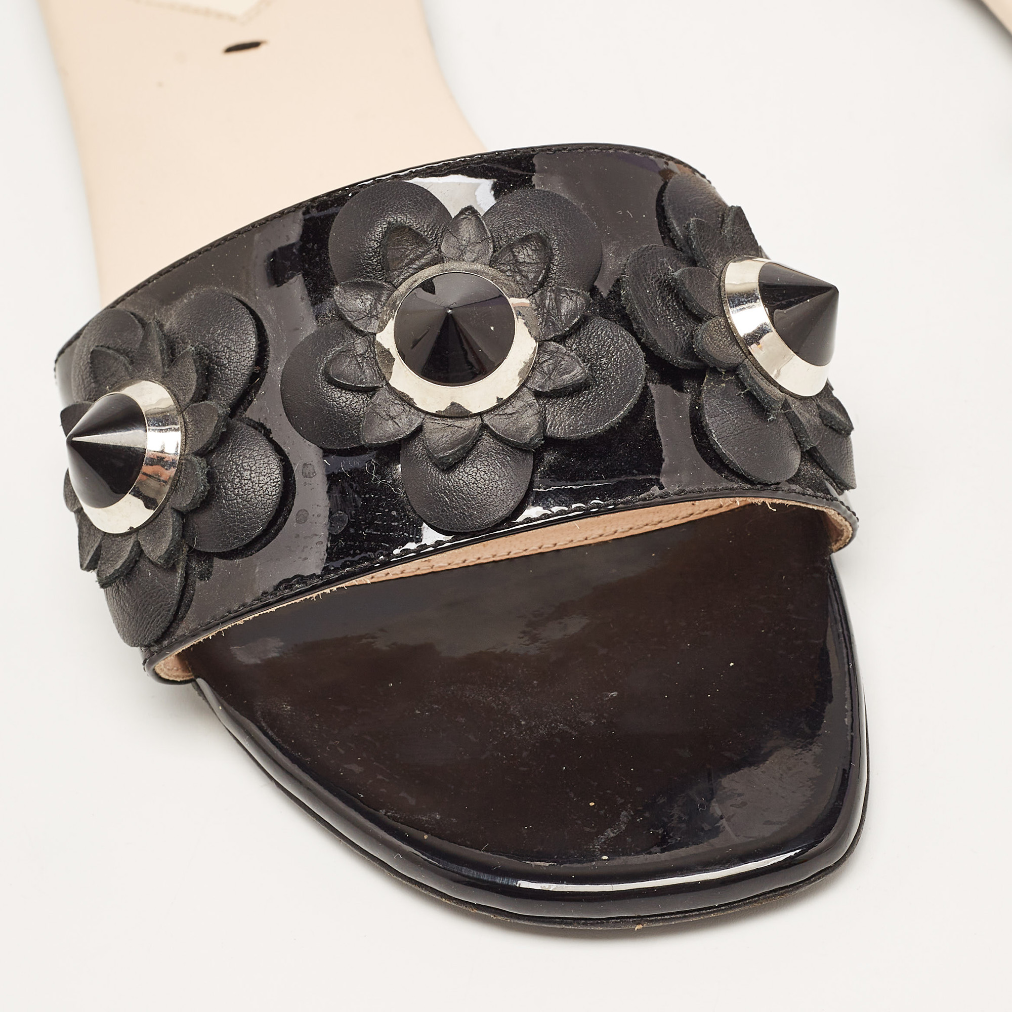 Fendi Black Patent Leather Flower Stud Flat Slides Size 38