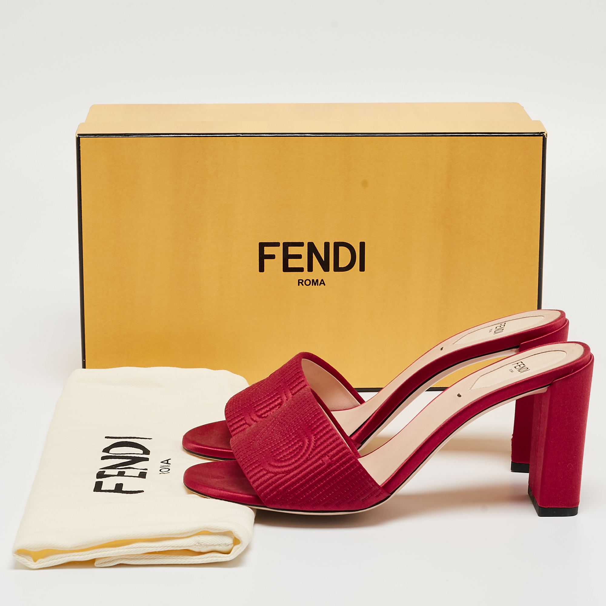 Fendi Burgundy Satin Logo Embroidered Block Heel Slide Mules Size 38.5