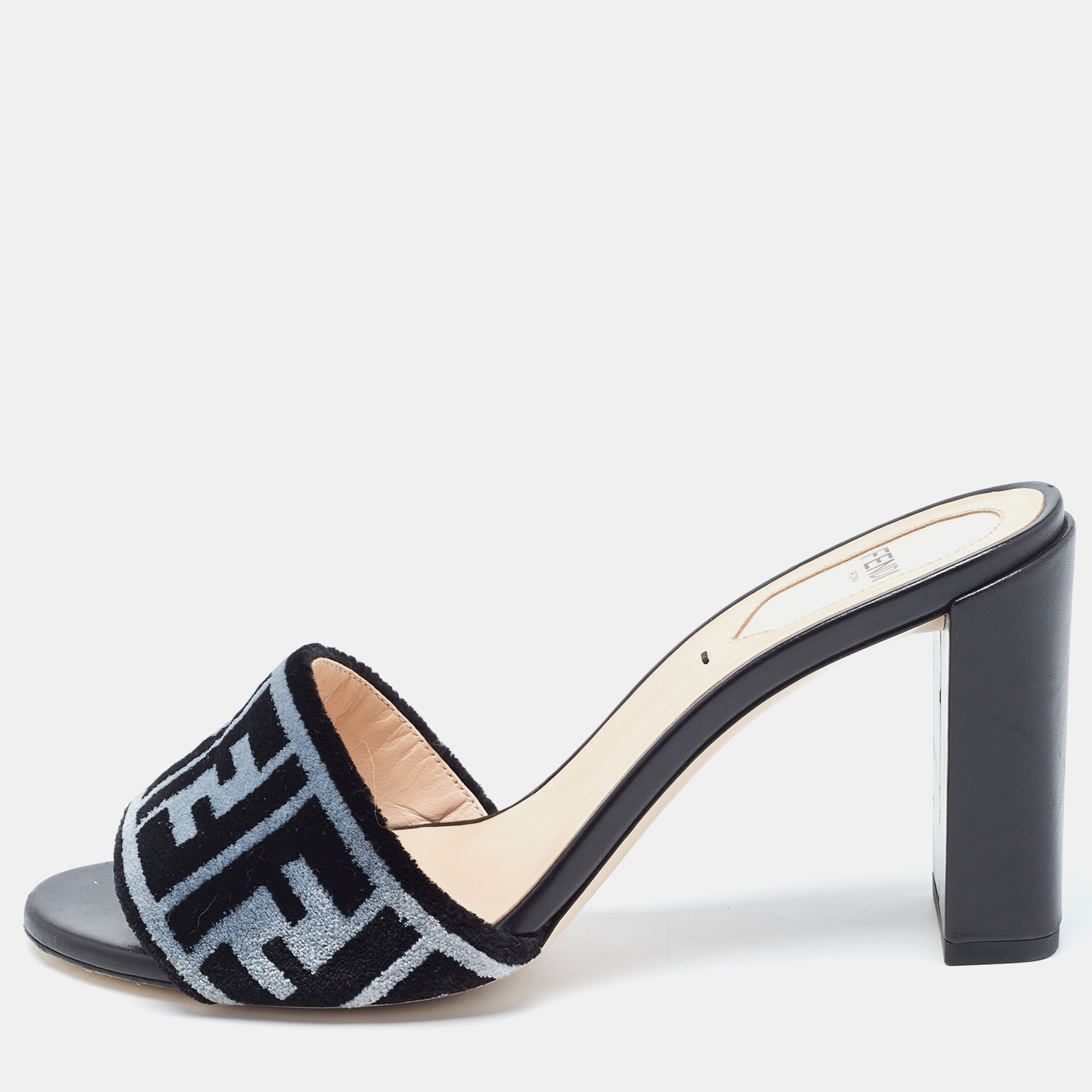 Fendi Black/Grey Zucca Velvet Slide Sandals Size 37.5