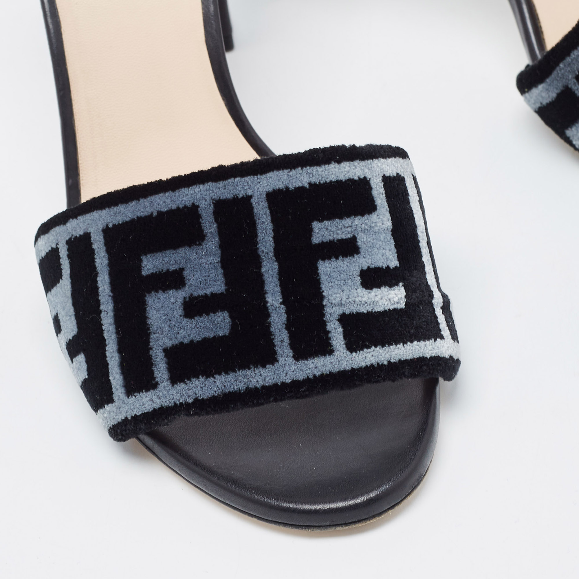 Fendi Black/Grey Zucca Velvet Slide Sandals Size 37.5
