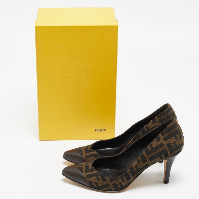 Fendi Brown Zucca Canvas And Leather Pointed Toe Pumps Size 38.5