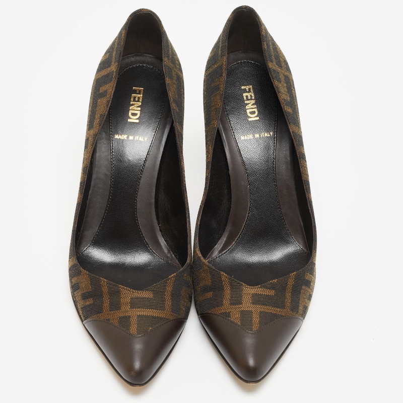 Fendi Brown Zucca Canvas And Leather Pointed Toe Pumps Size 38.5