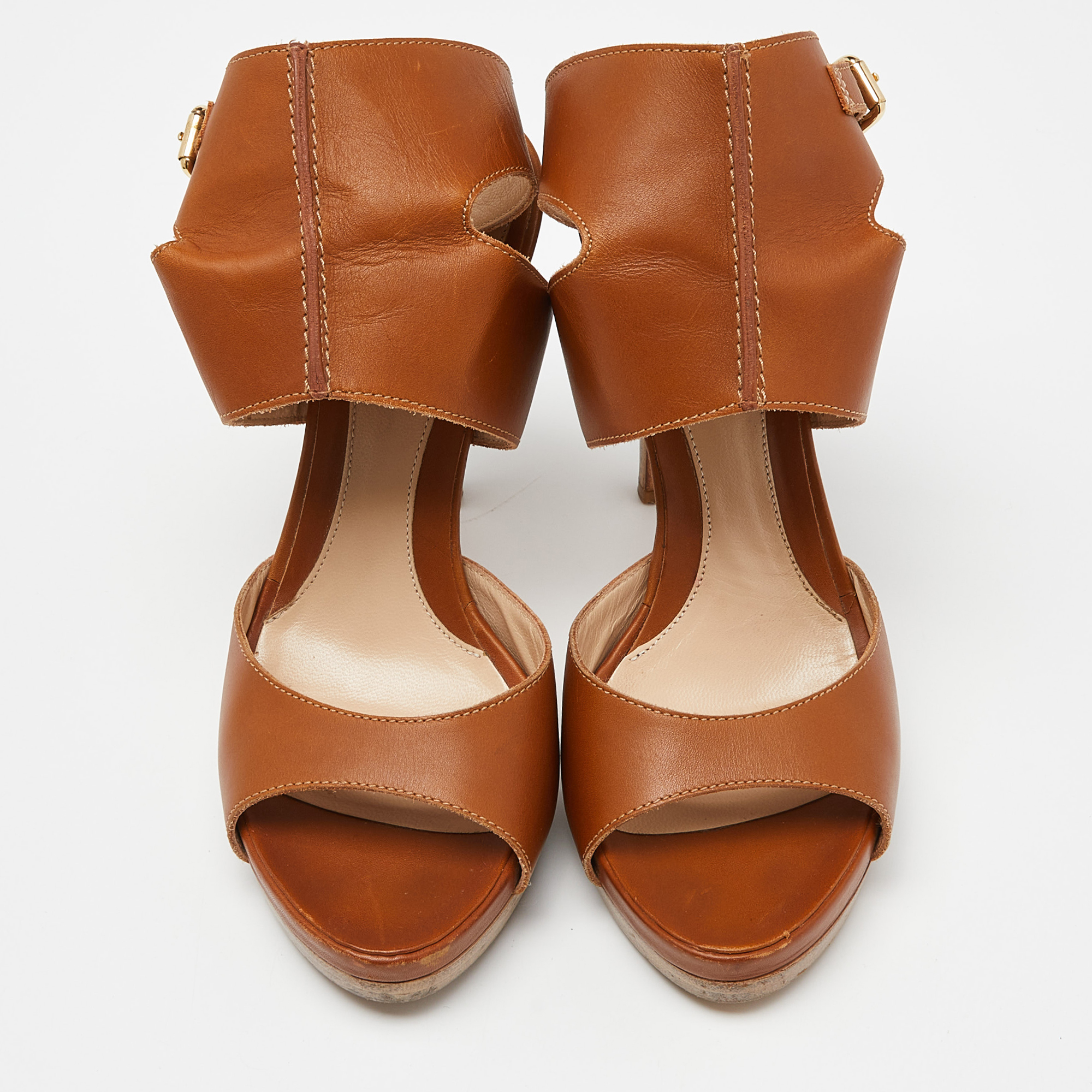 Fendi Brown Leather Ankle Strap Platform Sandals Size 38.5
