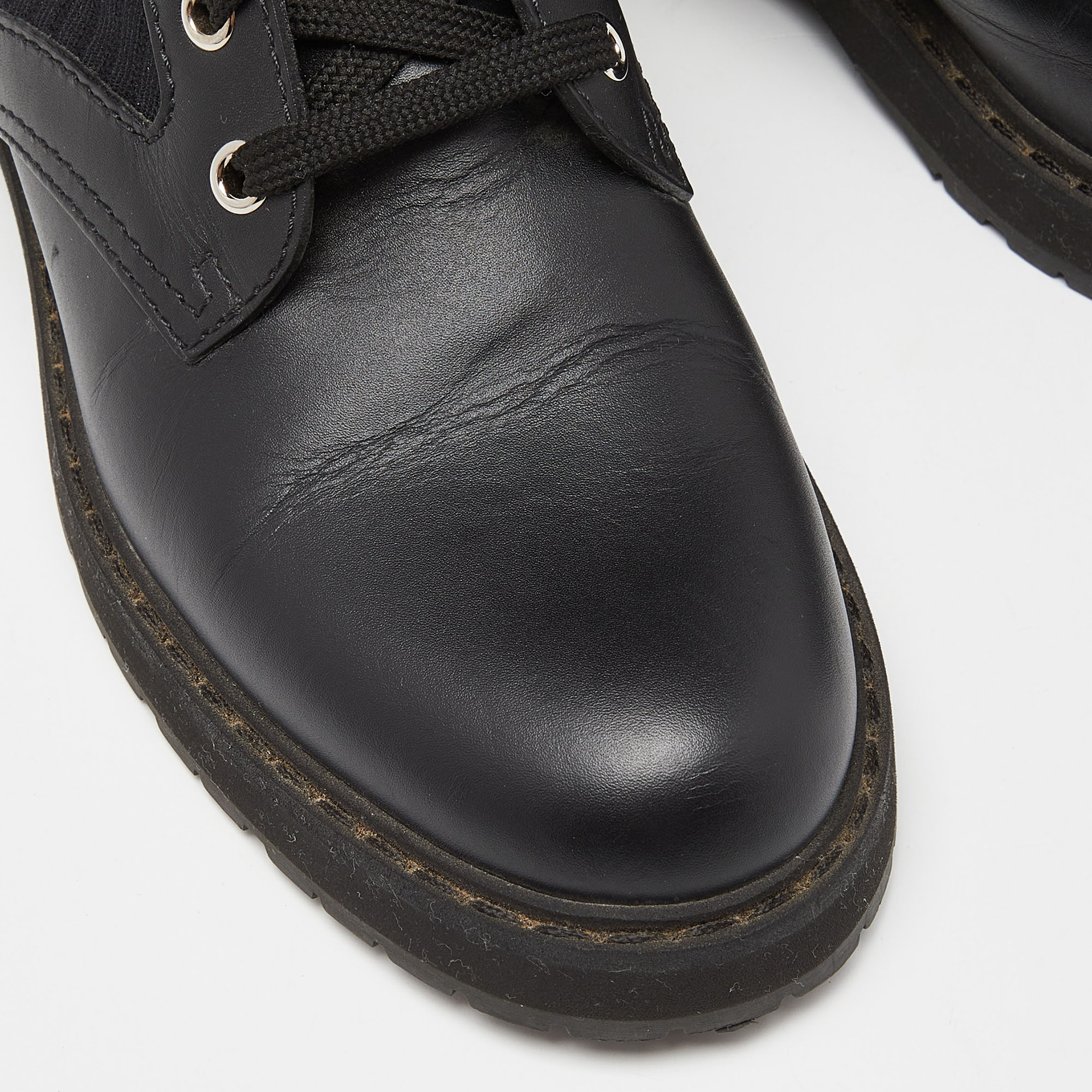 Fendi Black Leather And Zucca Stretch Fabric Rockoko Combat Boots Size 38