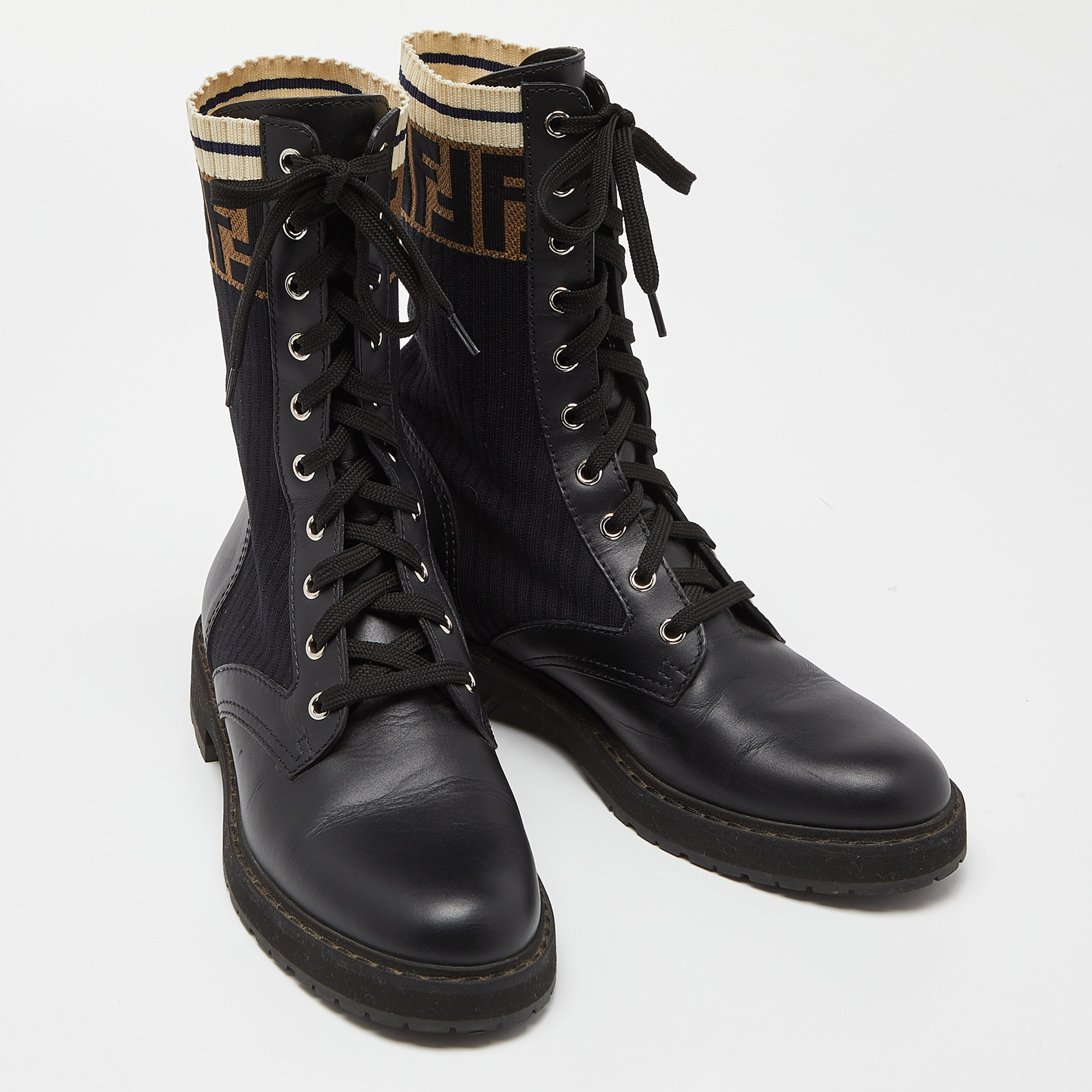 Fendi Black Leather And Zucca Stretch Fabric Rockoko Combat Boots Size 38