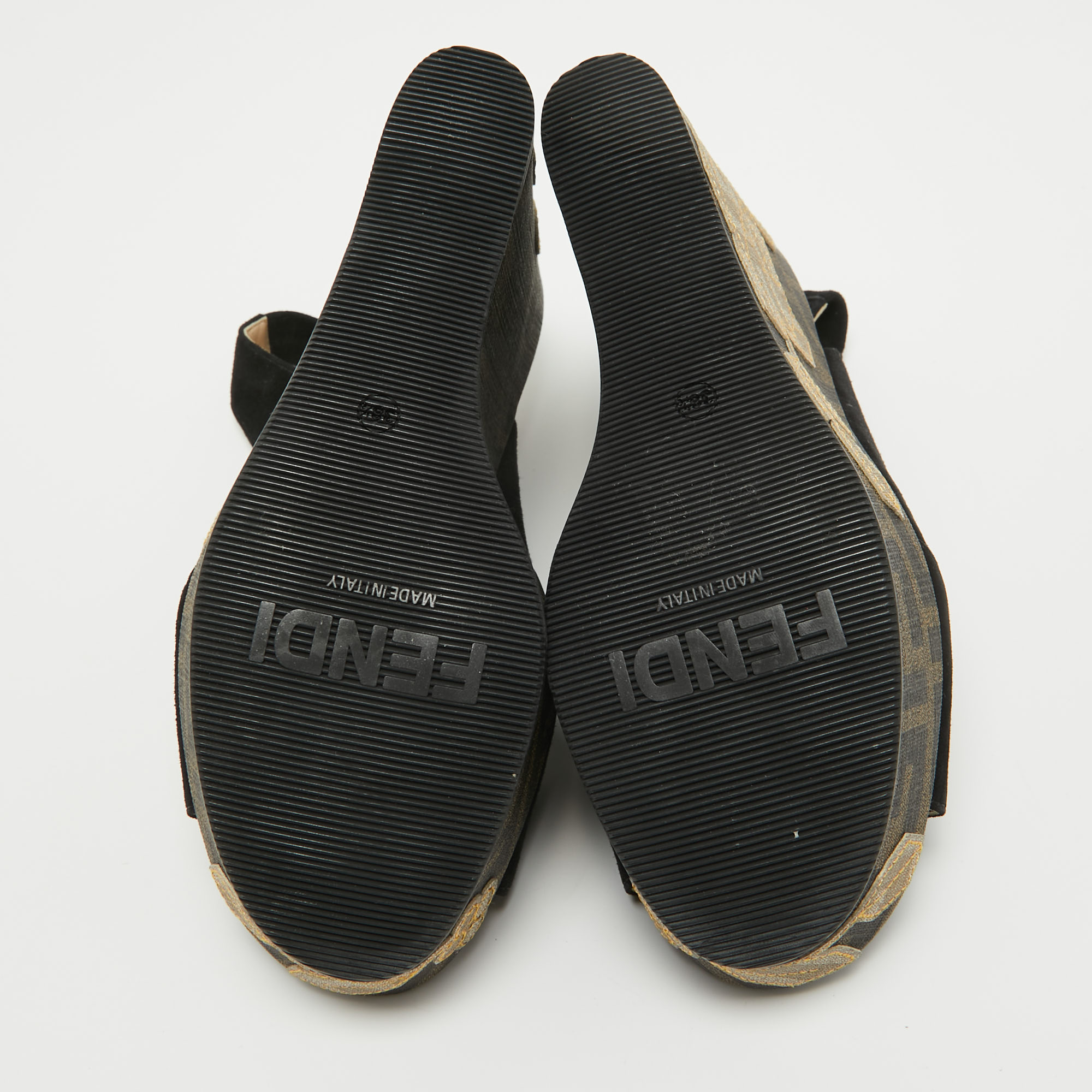 Fendi Black Suede Zucca Appliqued Wedge Platform Slingback Sandals Size 38.5