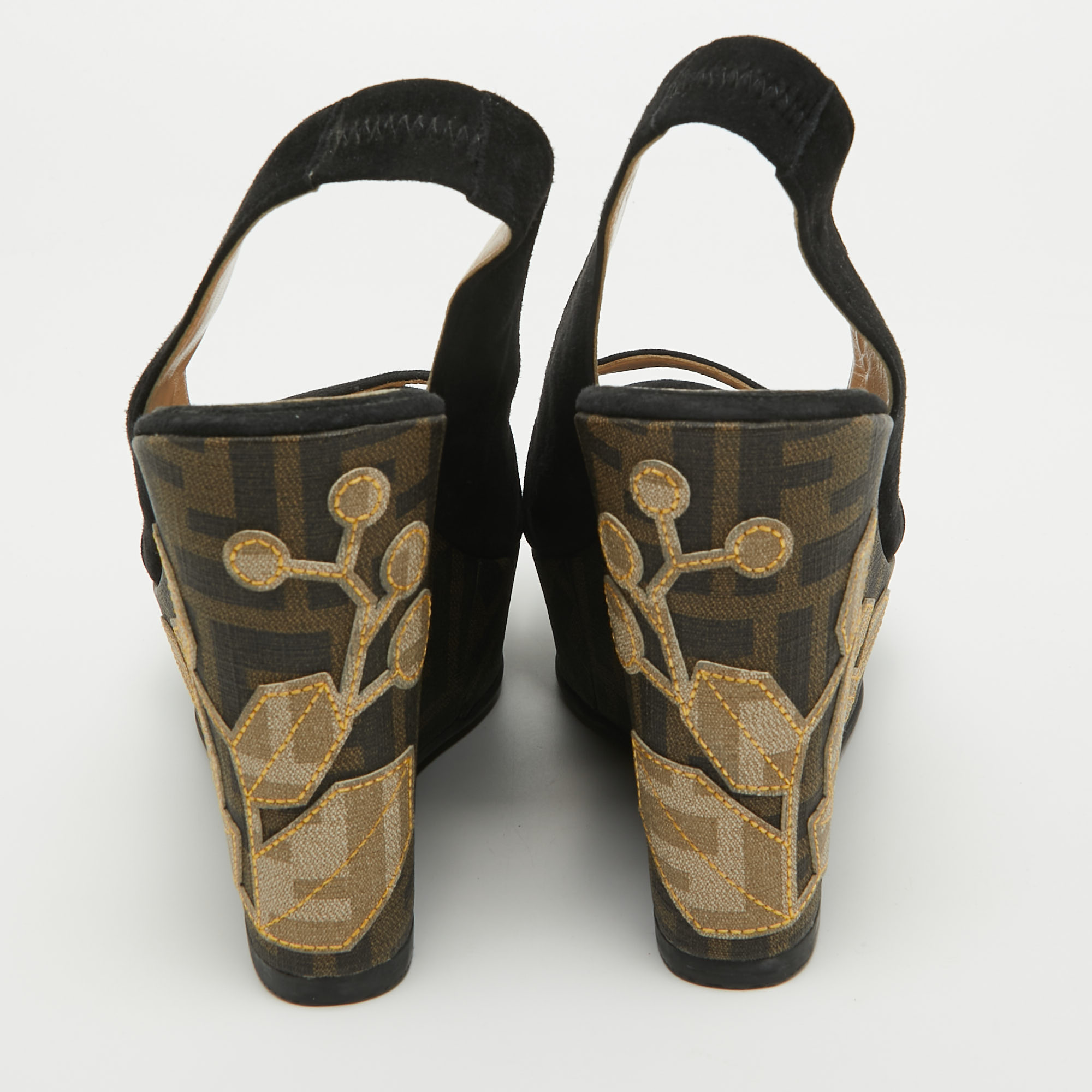 Fendi Black Suede Zucca Appliqued Wedge Platform Slingback Sandals Size 38.5
