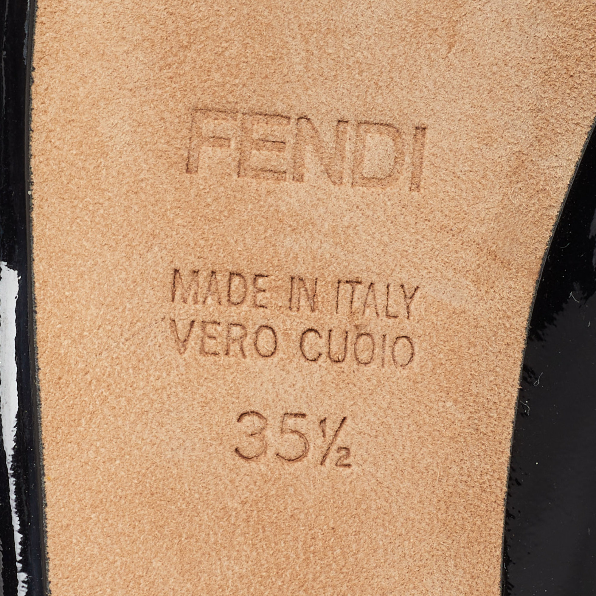 Fendi Black Patent Leather FF Heels Peep Toe Platform Pumps Size 35.5
