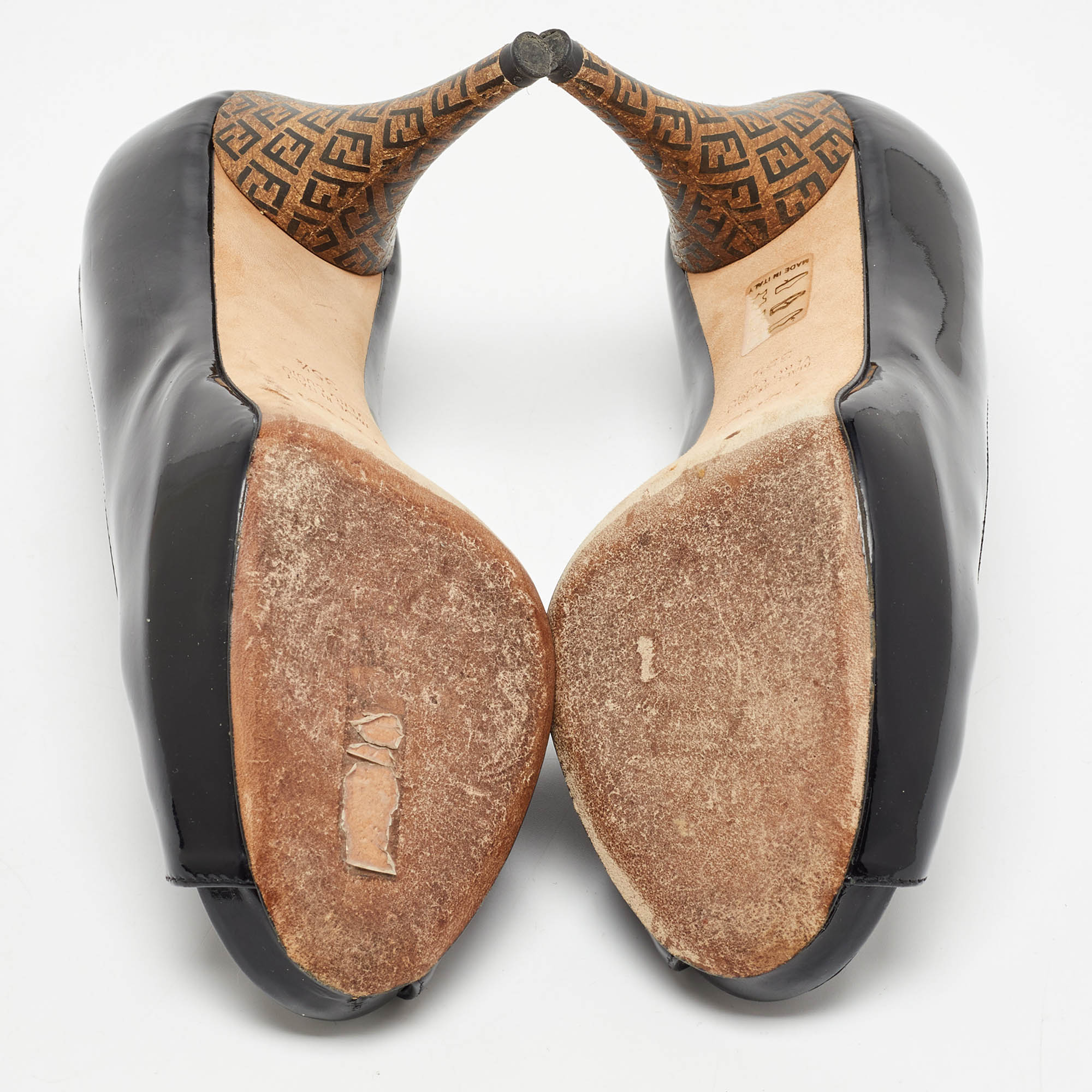 Fendi Black Patent Leather FF Heels Peep Toe Platform Pumps Size 35.5