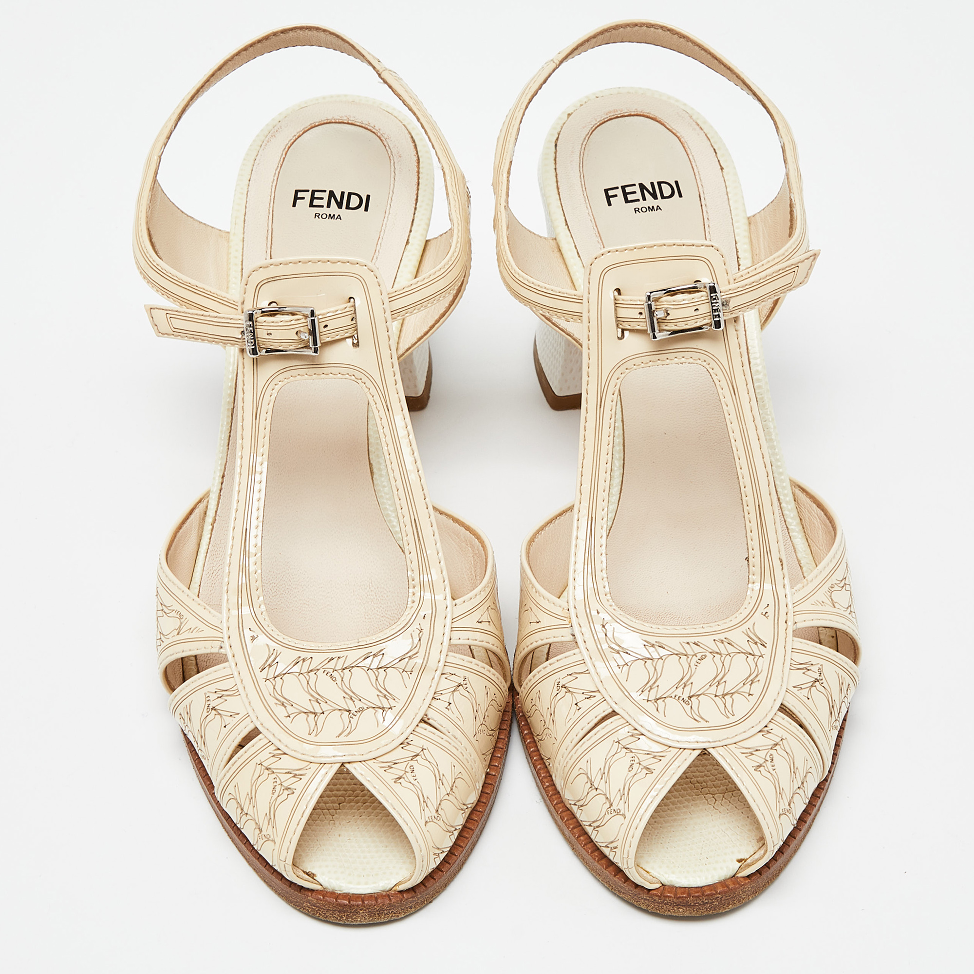 Fendi Beige Leather And Patent Leather Open Toe Block Heel Ankle Strap Sandals Size 38