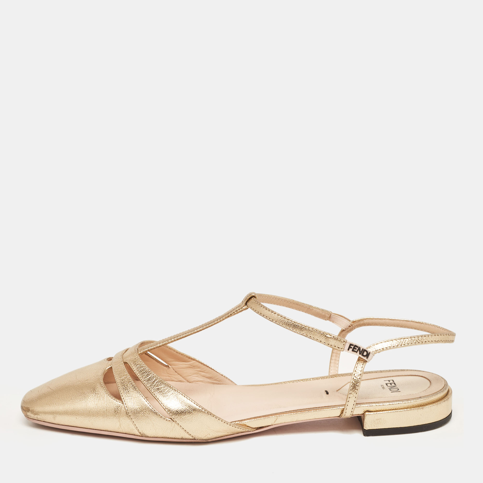 Fendi Gold Leather T-Strap Flat Sandals Size 38