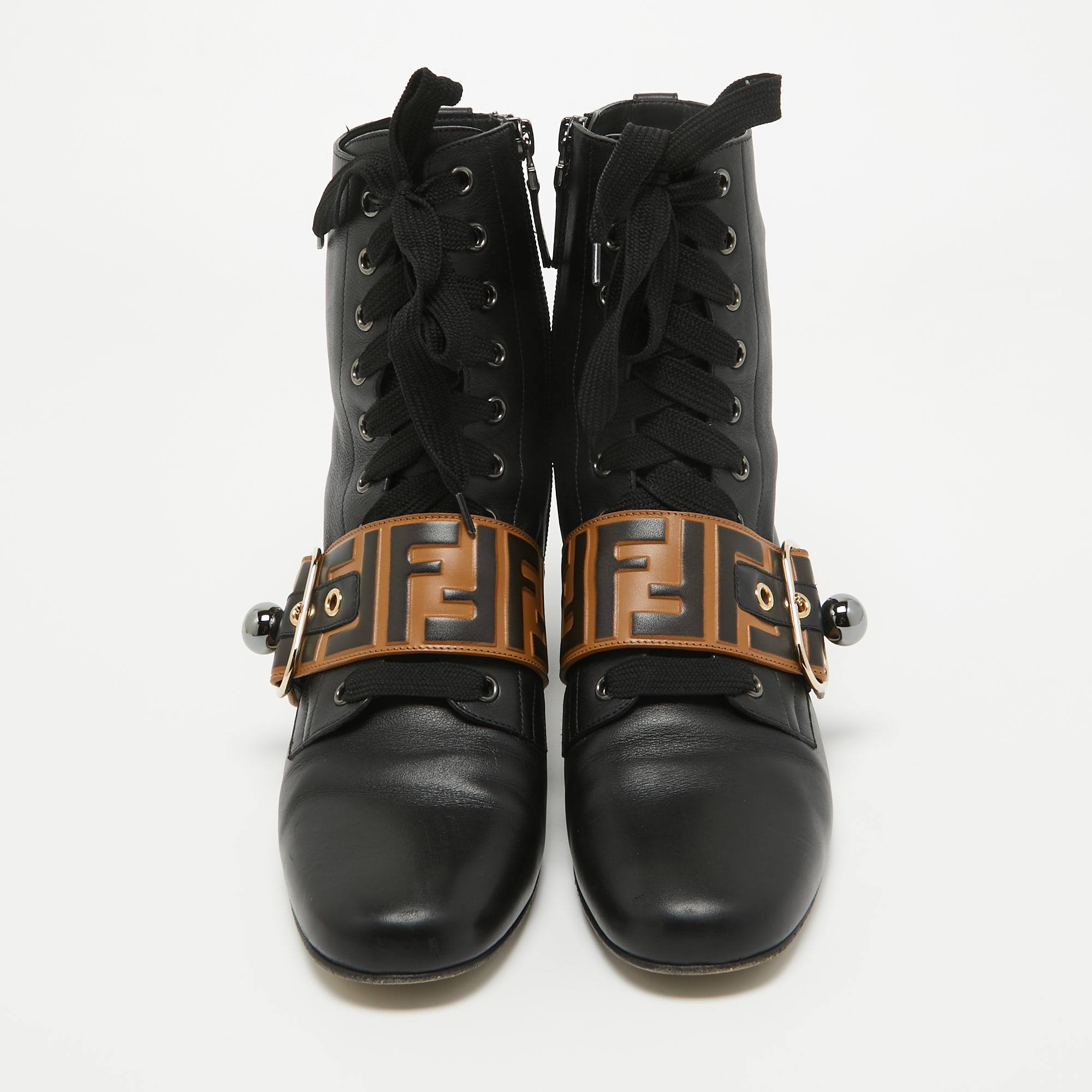 Fendi Black/Beige Leather FF Logo Ankle Boots Size 39