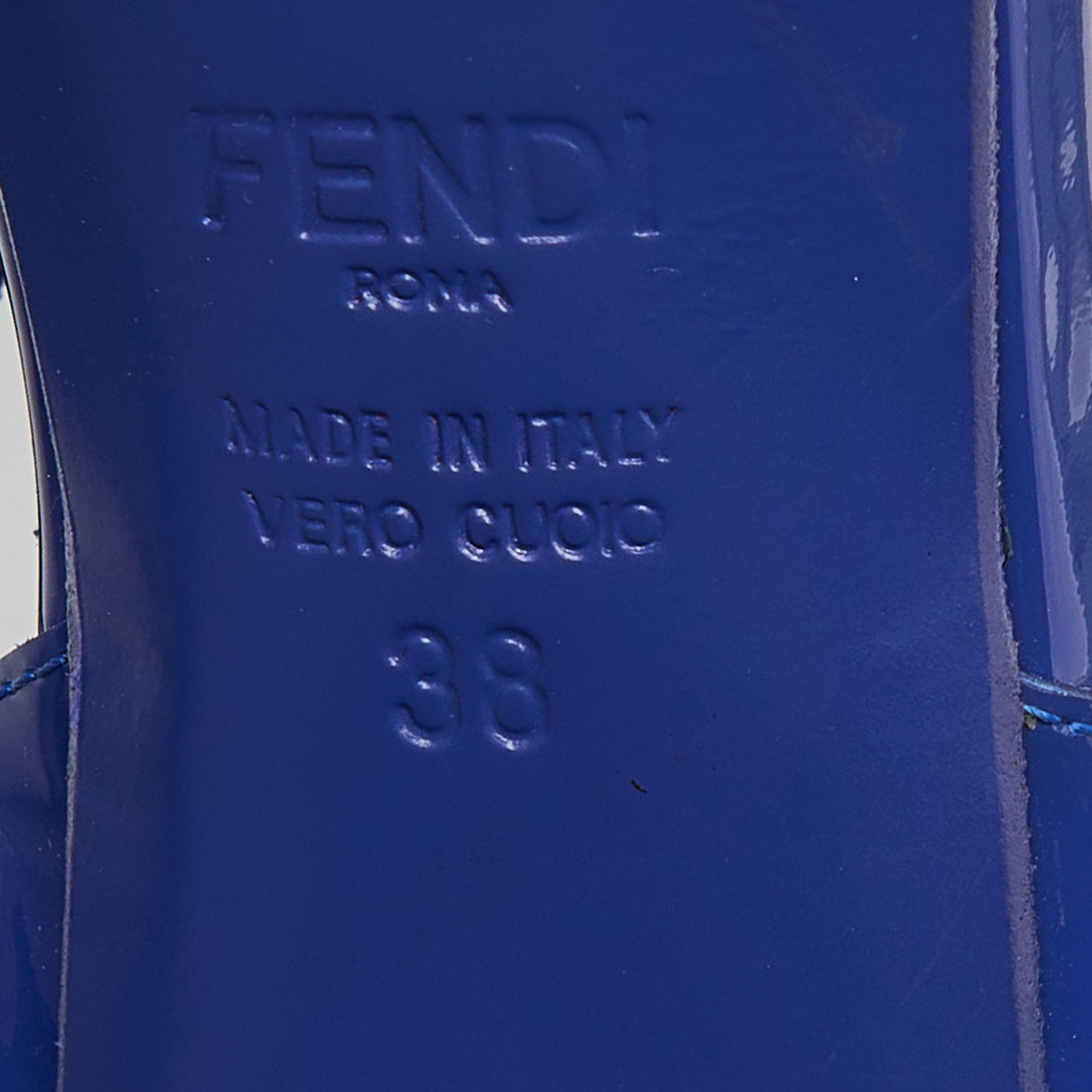 Fendi Blue Patent Leather Chameleon Block Heel Sandals Size 38