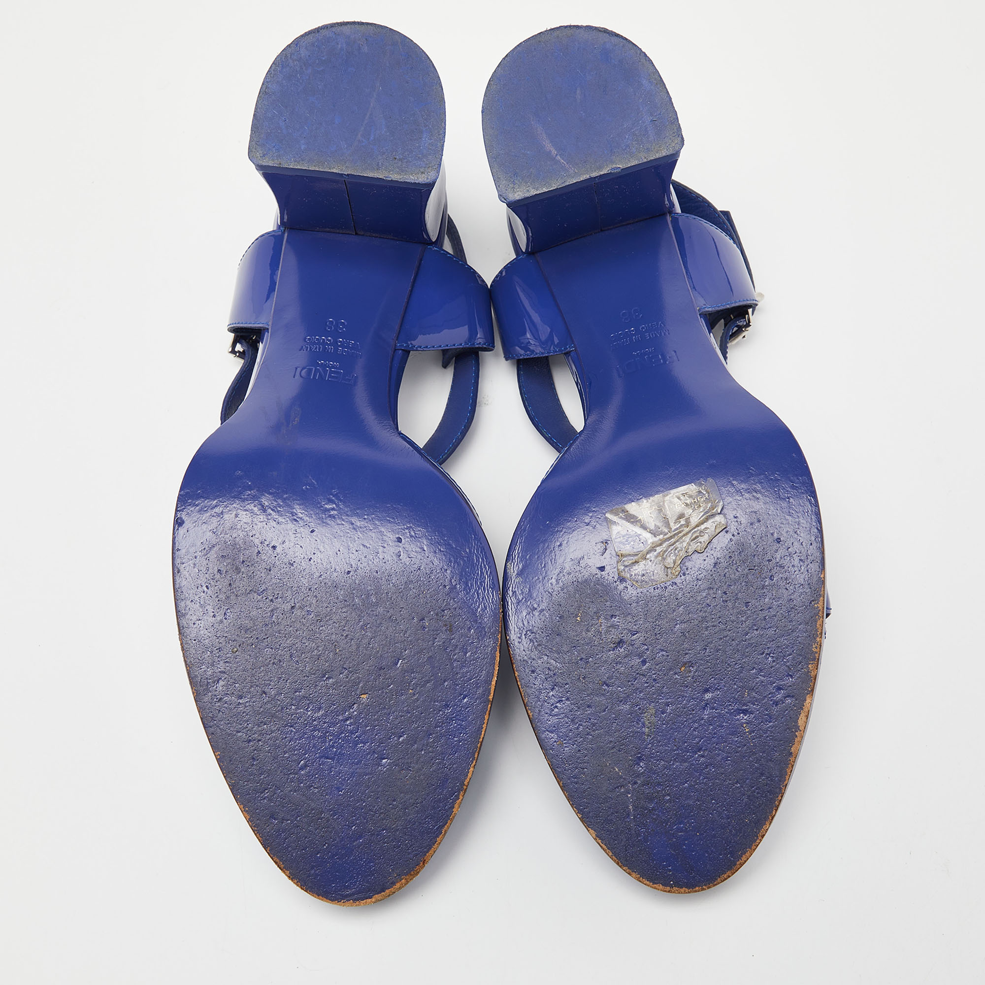 Fendi Blue Patent Leather Chameleon Block Heel Sandals Size 38