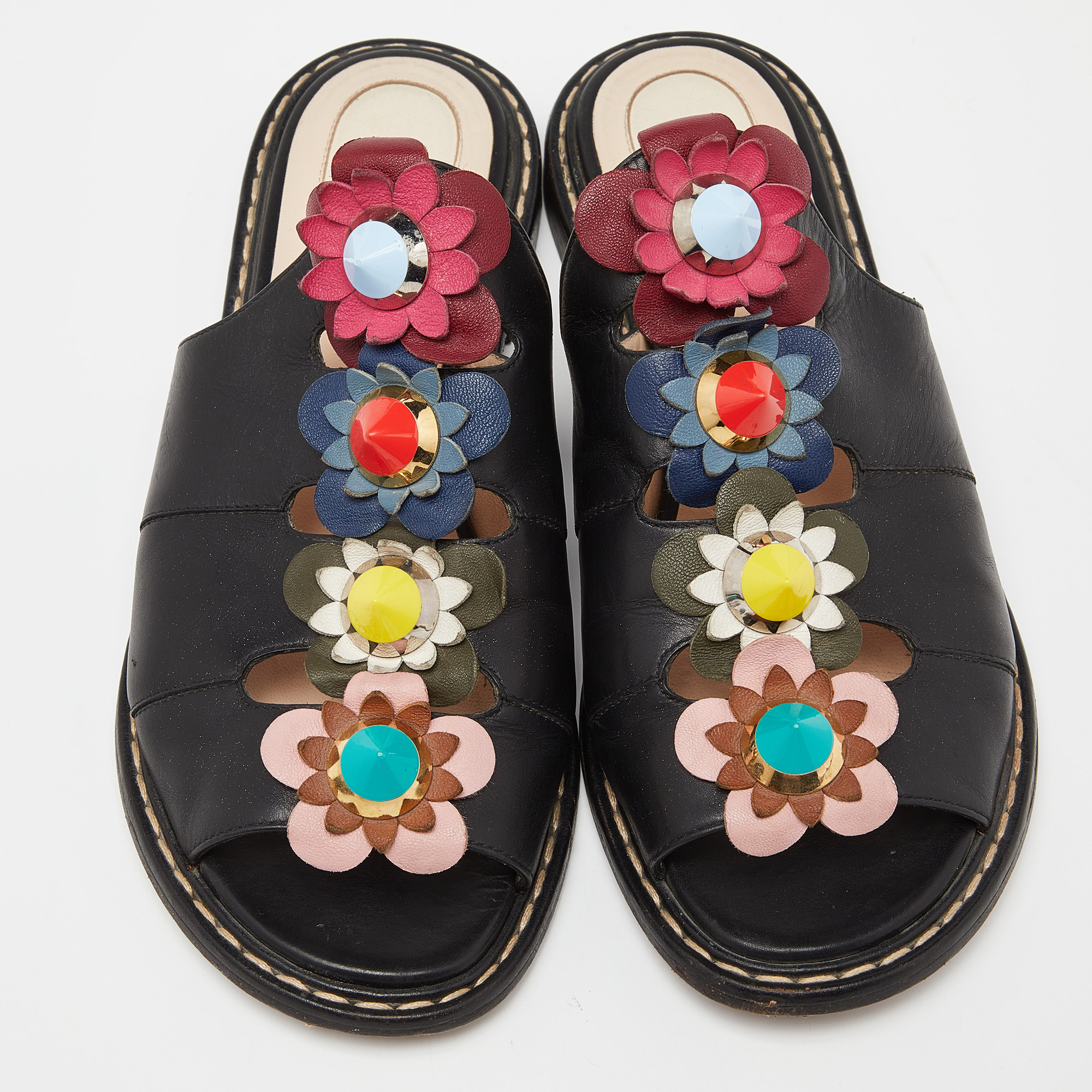 Fendi Black Leather Flowerland Slide Sandals Size 36