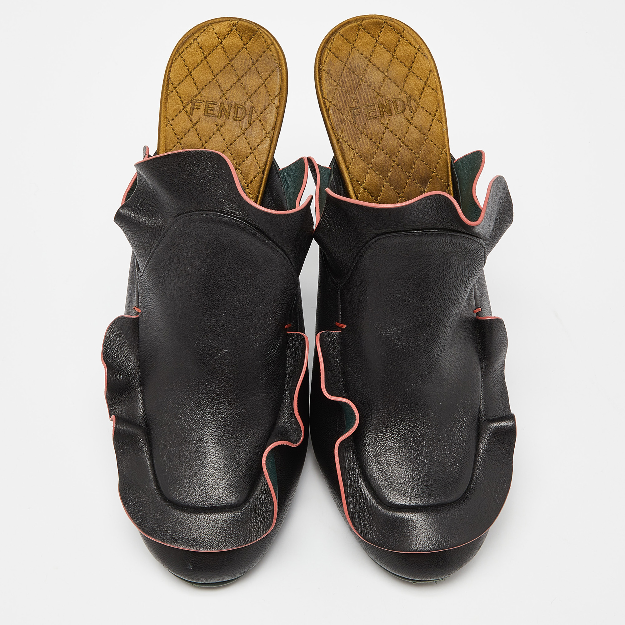 Fendi Multicolor Leather Waves Ruffled Mule Sandals Size 40