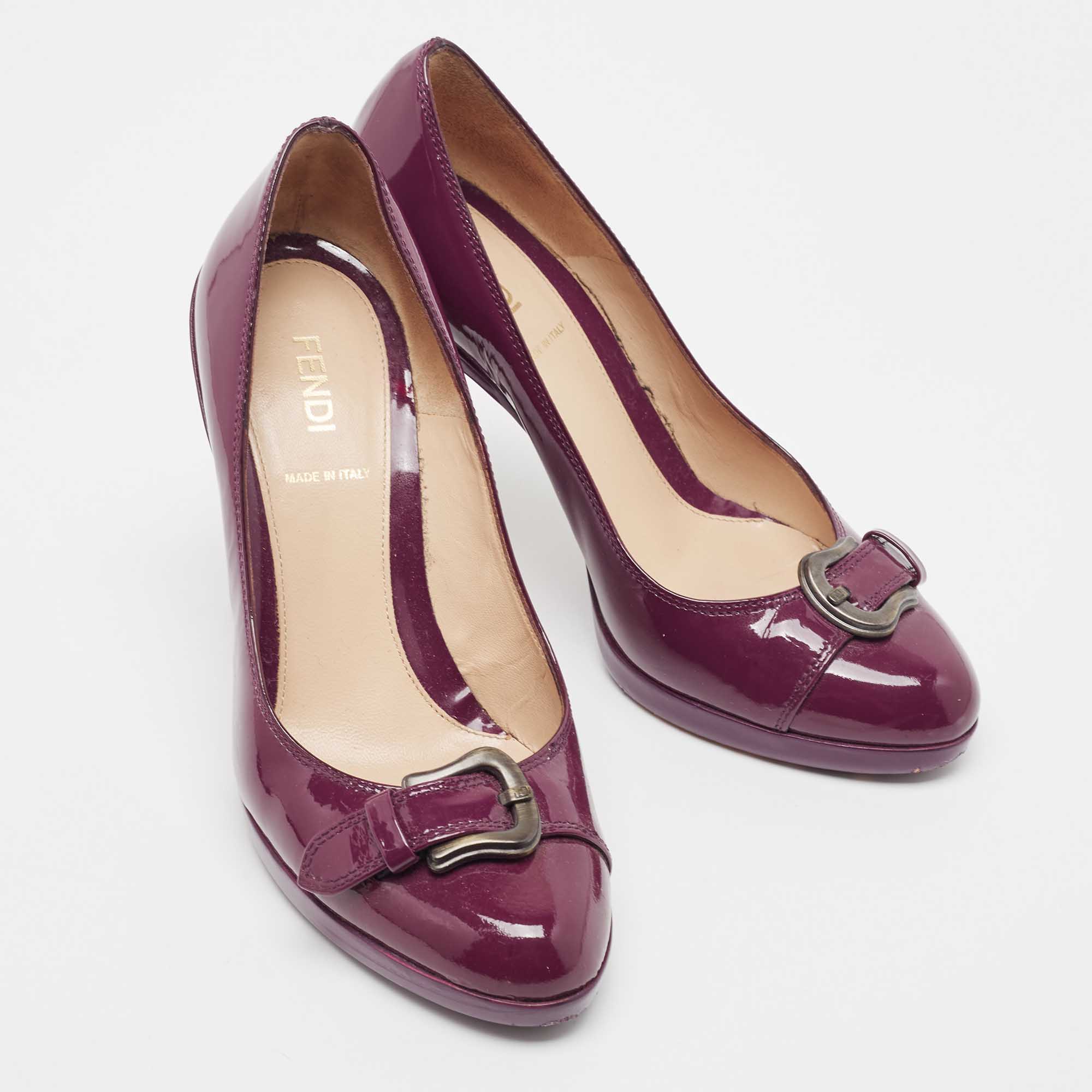 Fendi Burgundy Patent Leather Buckle Detail  Round Toe Pumps Size 36.5
