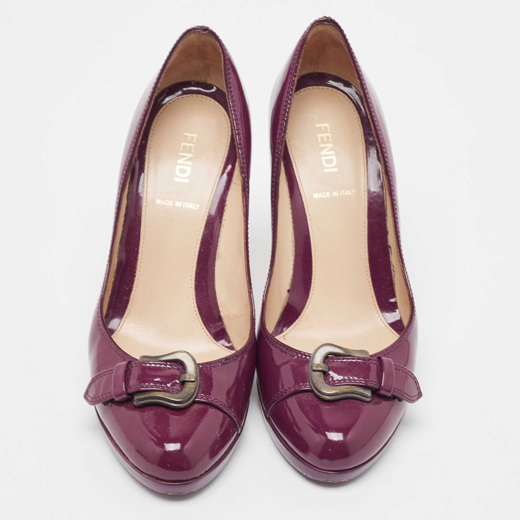Fendi Burgundy Patent Leather Buckle Detail  Round Toe Pumps Size 36.5