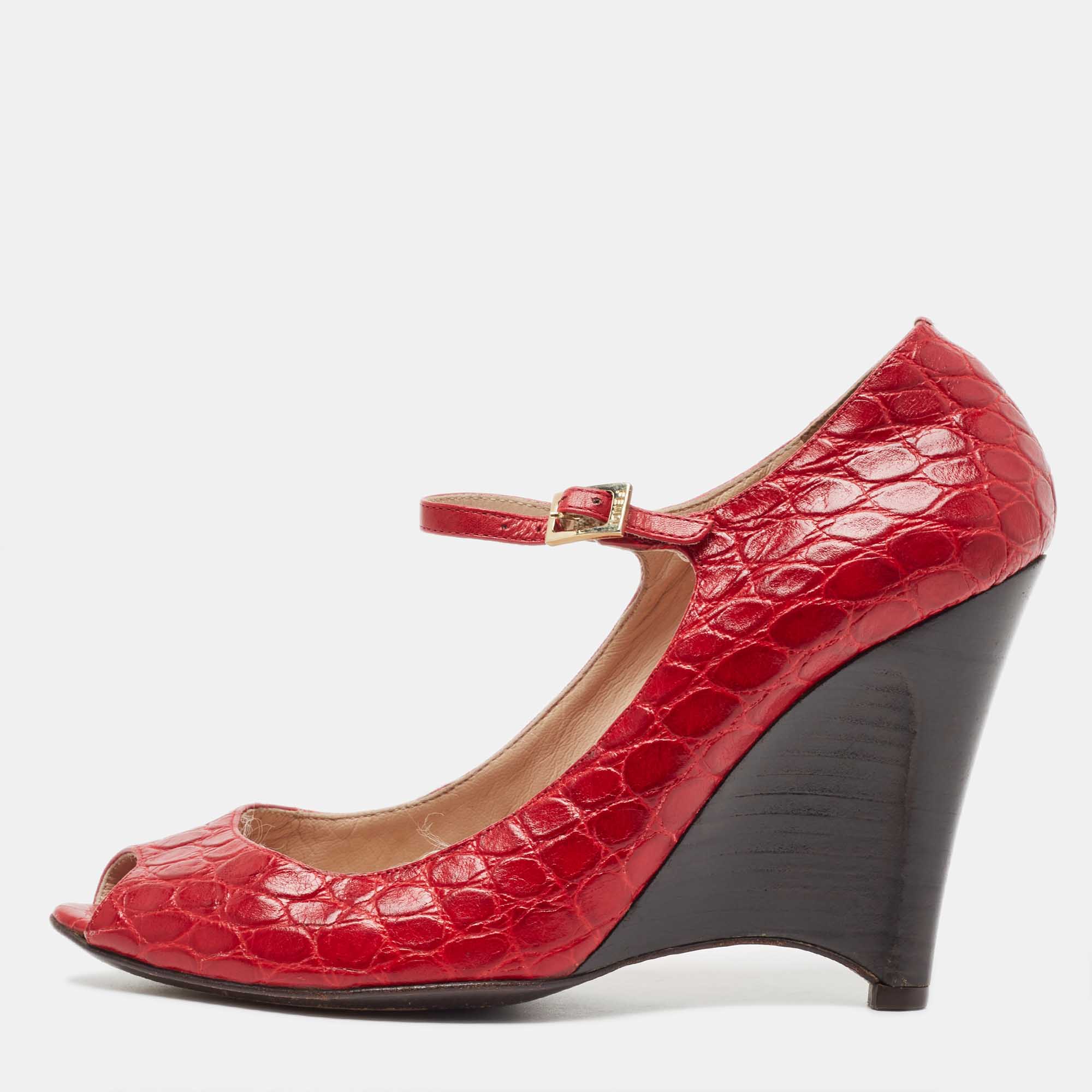 Fendi Red Croc Embossed Leather Peep Toe Wedges Pumps Size 39.5