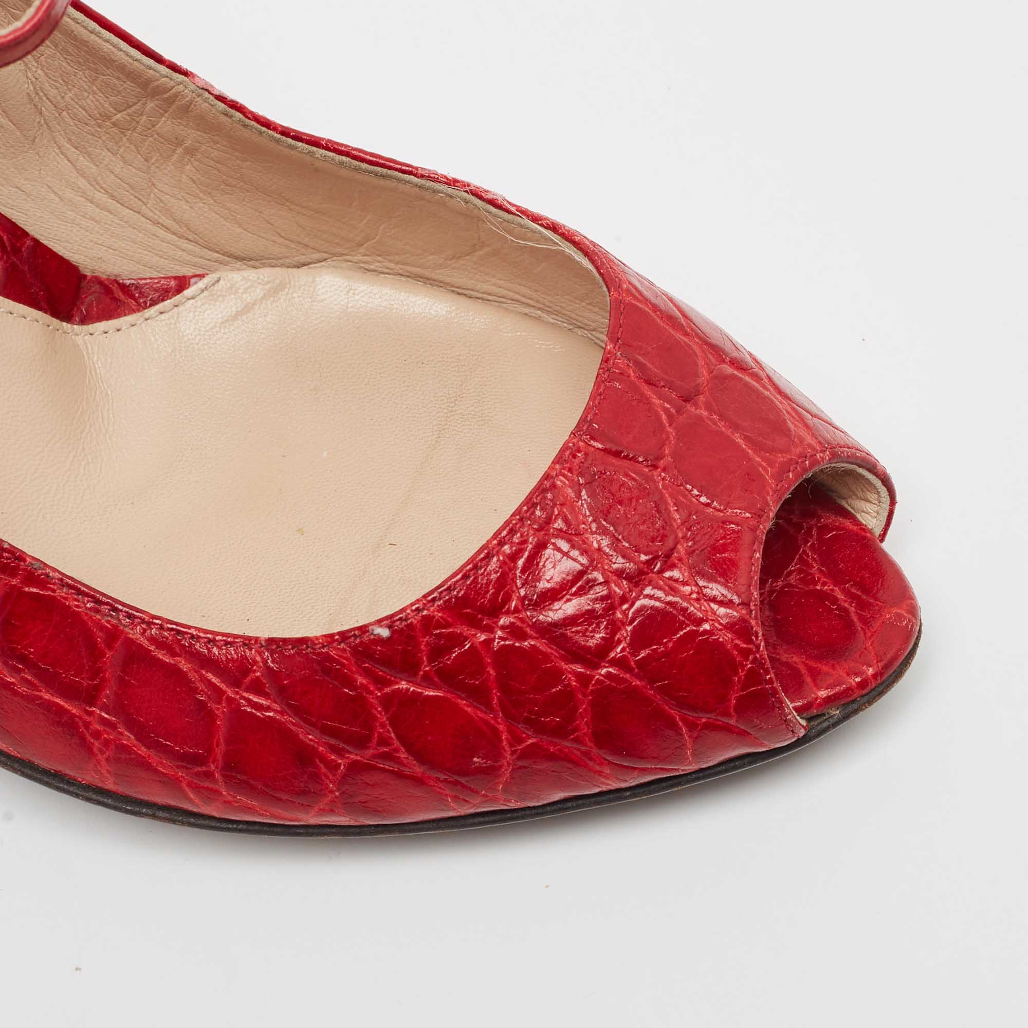 Fendi Red Croc Embossed Leather Peep Toe Wedges Pumps Size 39.5