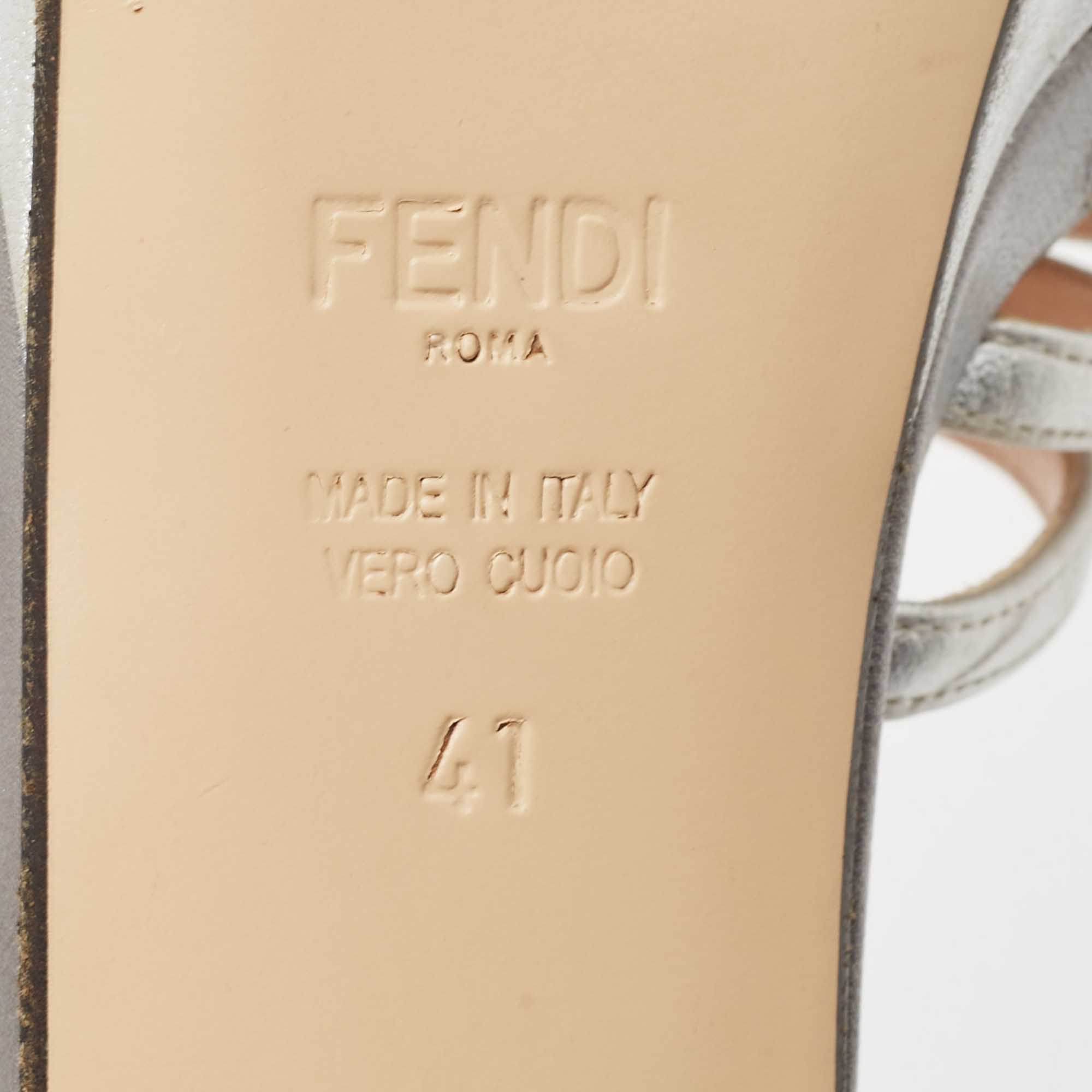 Fendi Silver Leather Strappy T Strap Platform Sandals Size 41