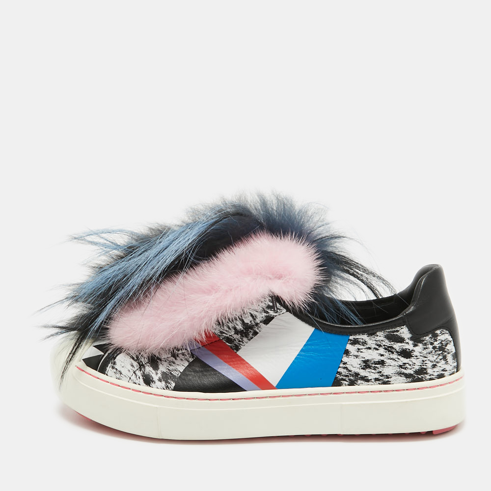 Fendi Multicolor Printed Leather And Faux Fur Flynn Sneakers Size 38