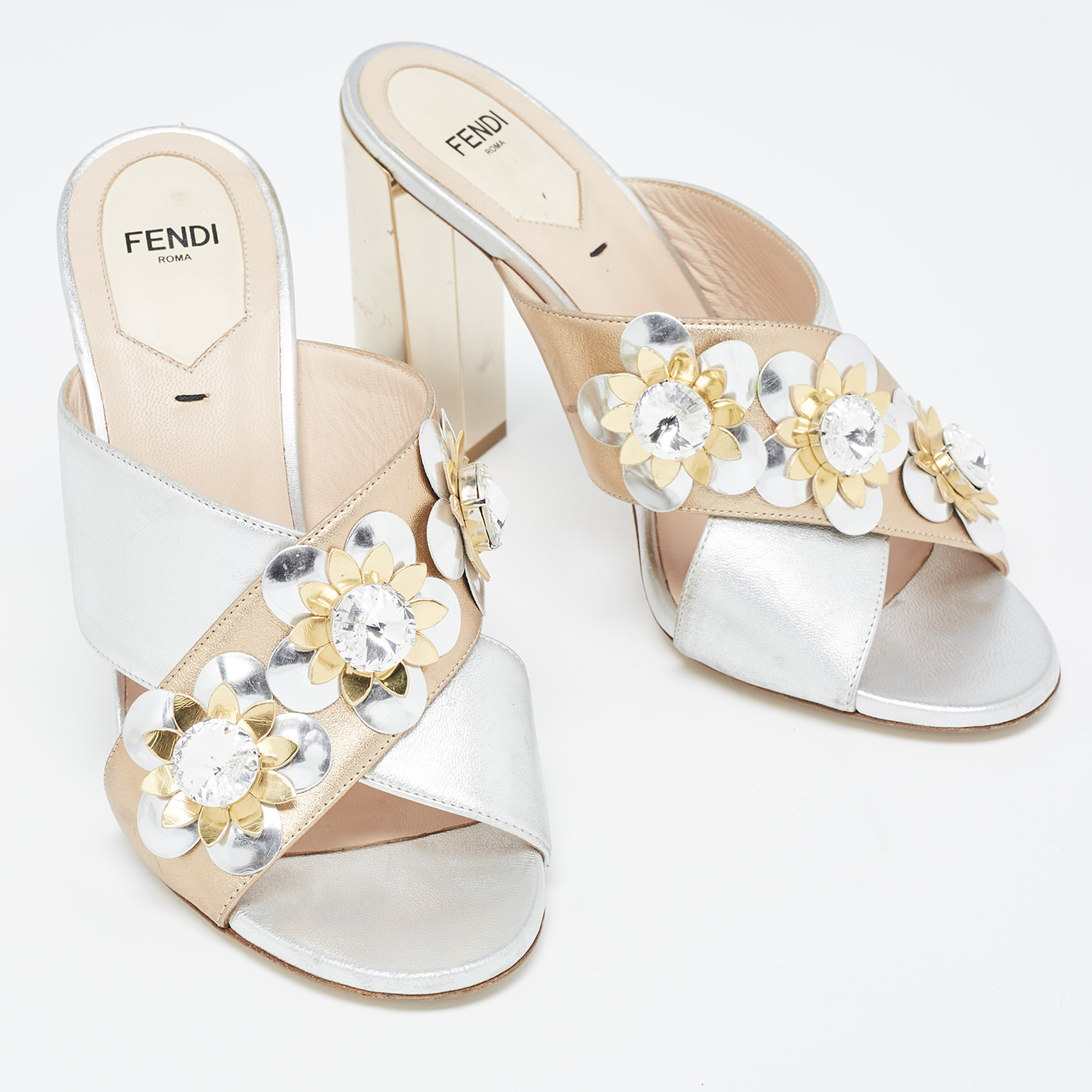 Fendi Silver/Gold Leather Flowerland Slide Sandals Size 37.5