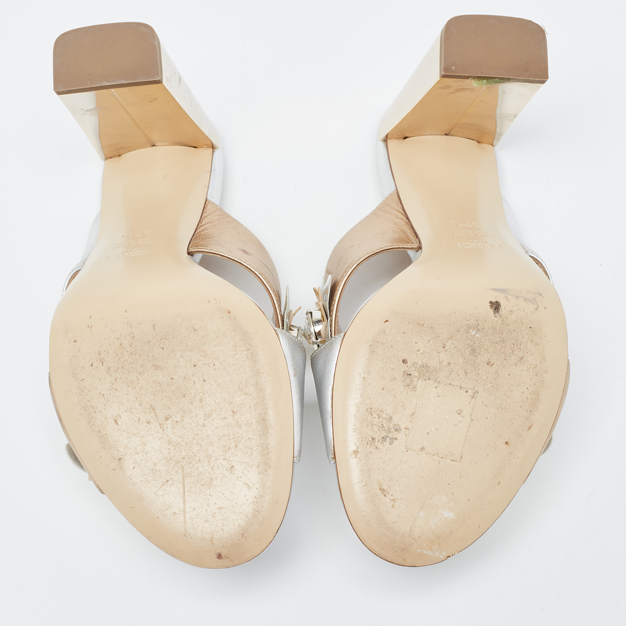 Fendi Silver/Gold Leather Flowerland Slide Sandals Size 37.5