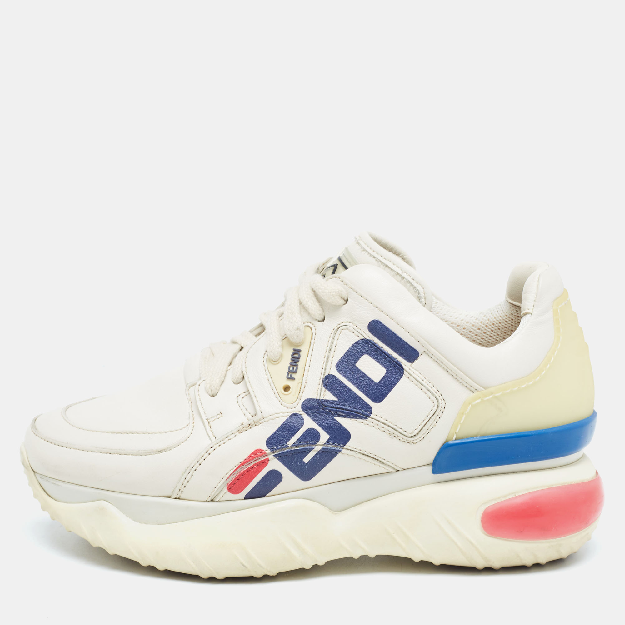 

Fendi Cream Leather and Rubber Fendi-Fila Mania Logo Low Top Sneakers Size