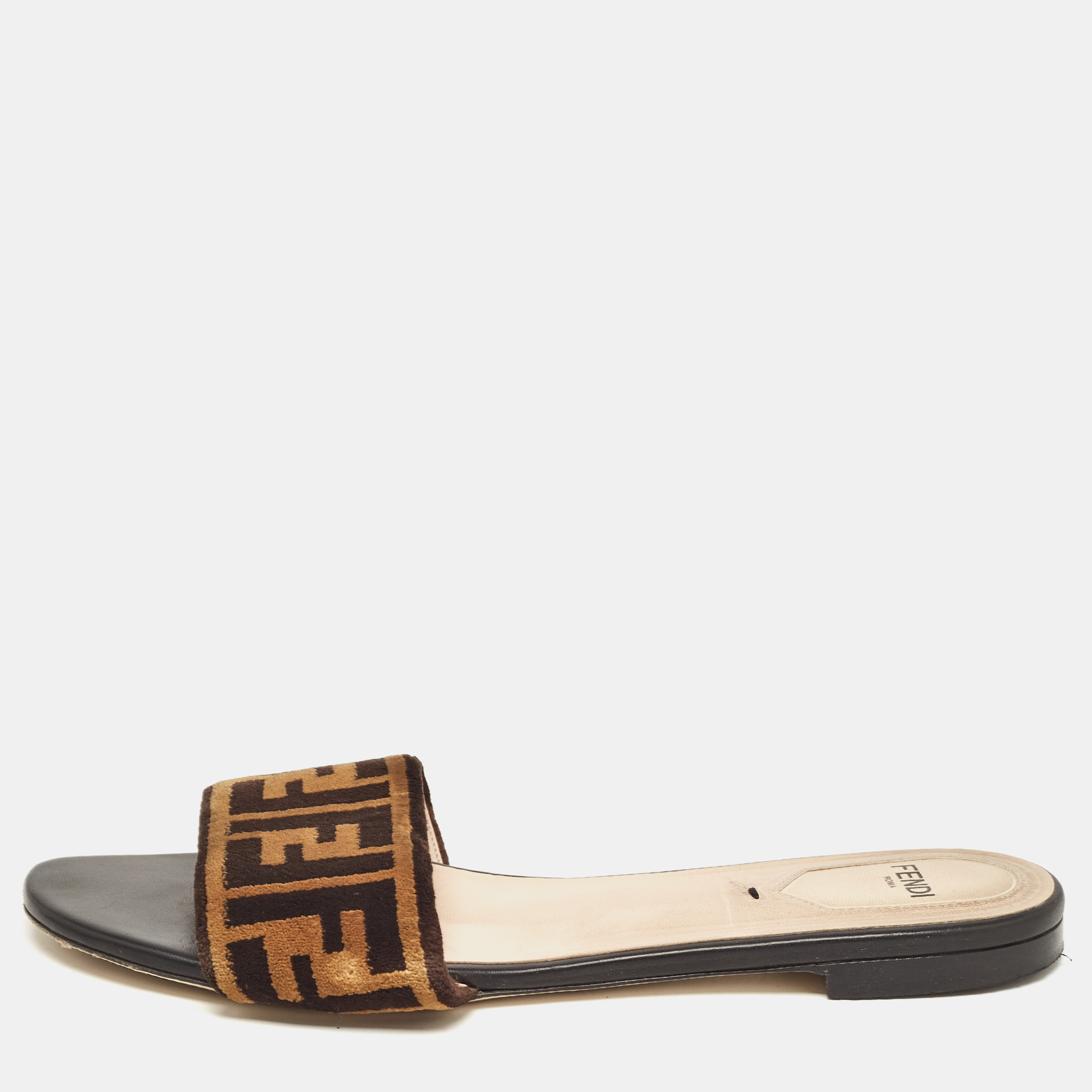 Fendi Black/Brown Zucca Velvet Slide Flats Size 39