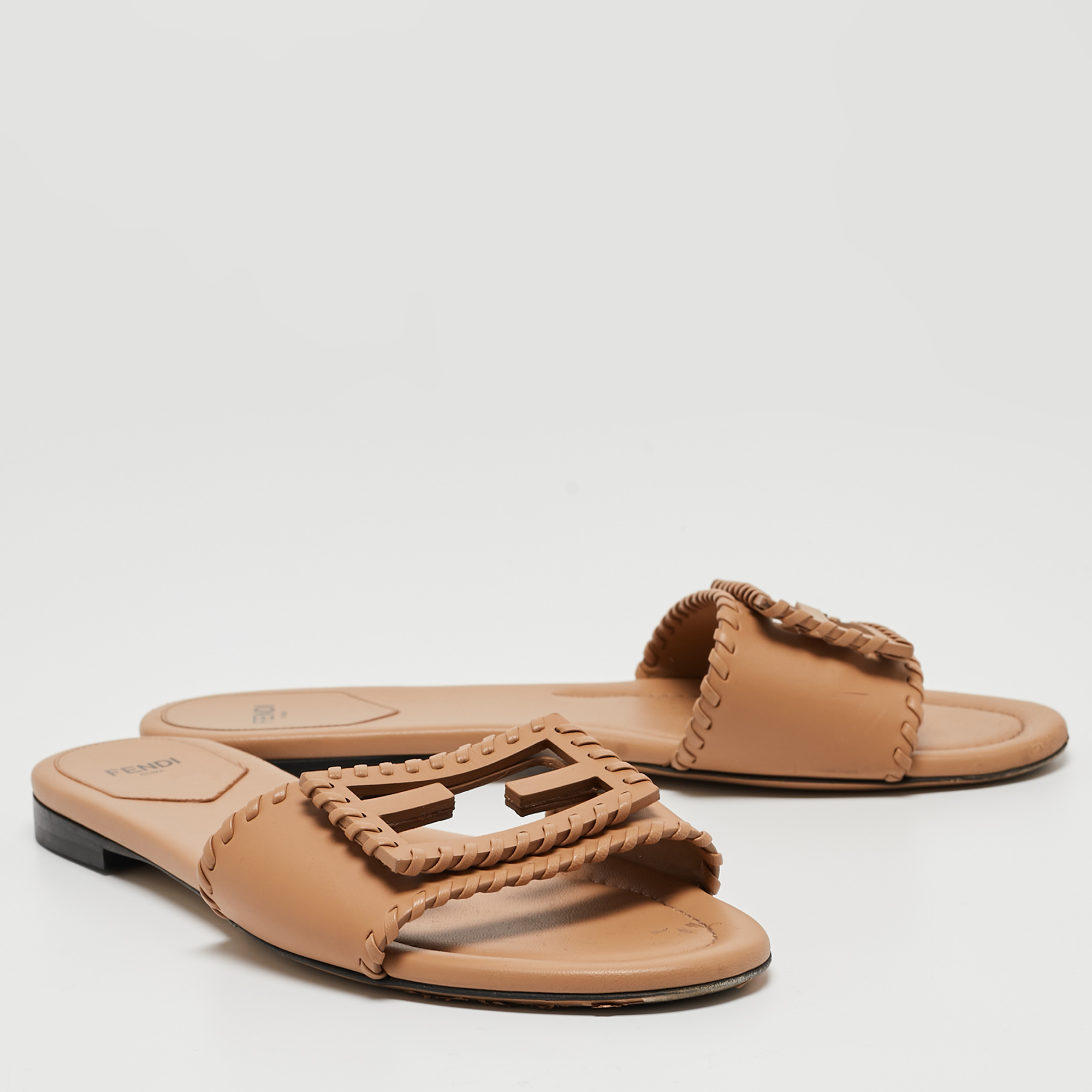 Fendi Light Brown Leather Flat Slides Size 40